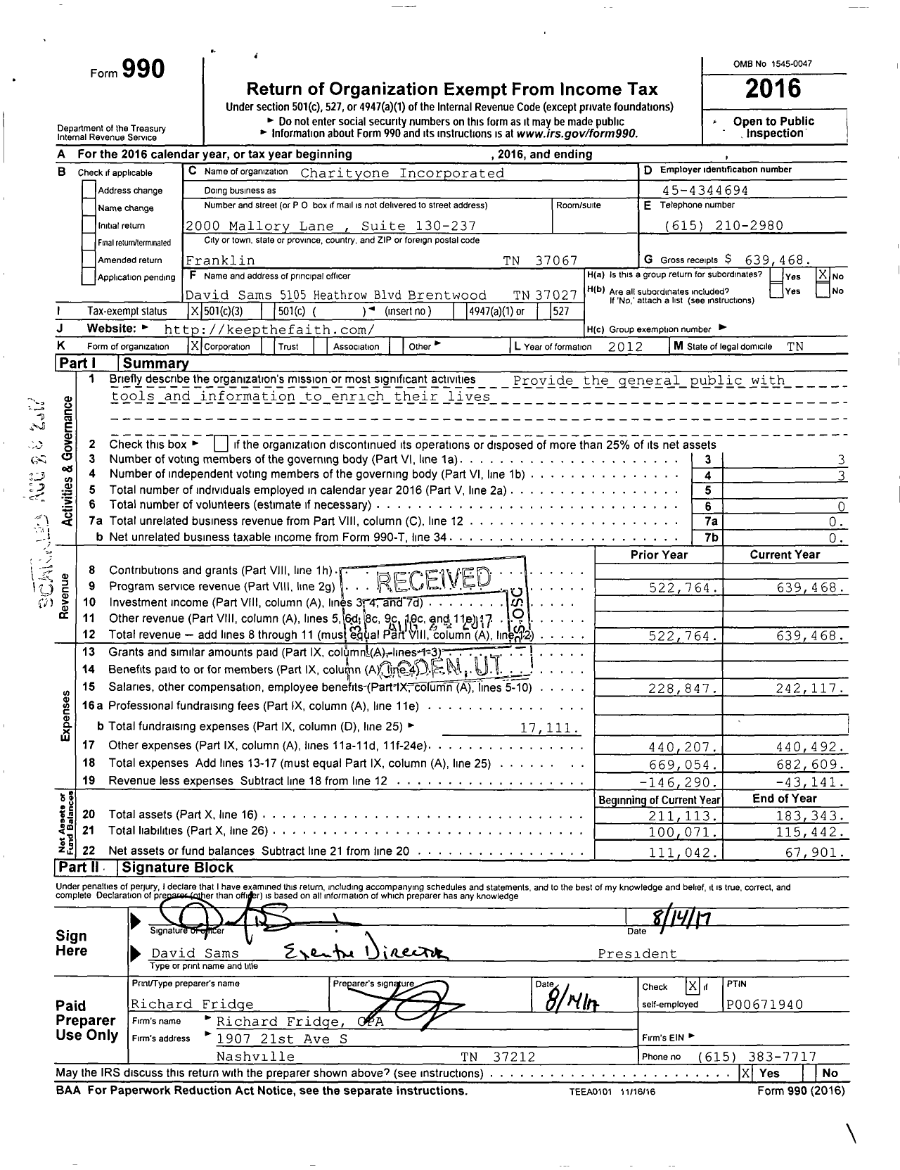 Image of first page of 2016 Form 990 for Charityone Incorporated