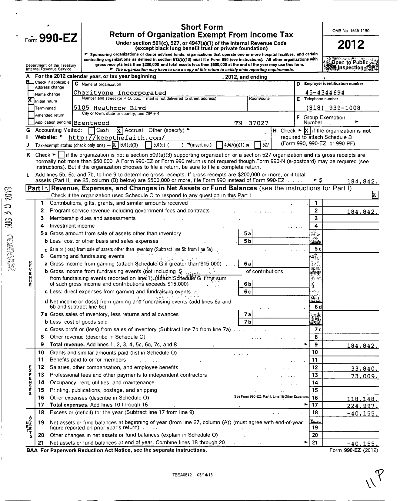 Image of first page of 2012 Form 990EZ for Charityone Incorporated