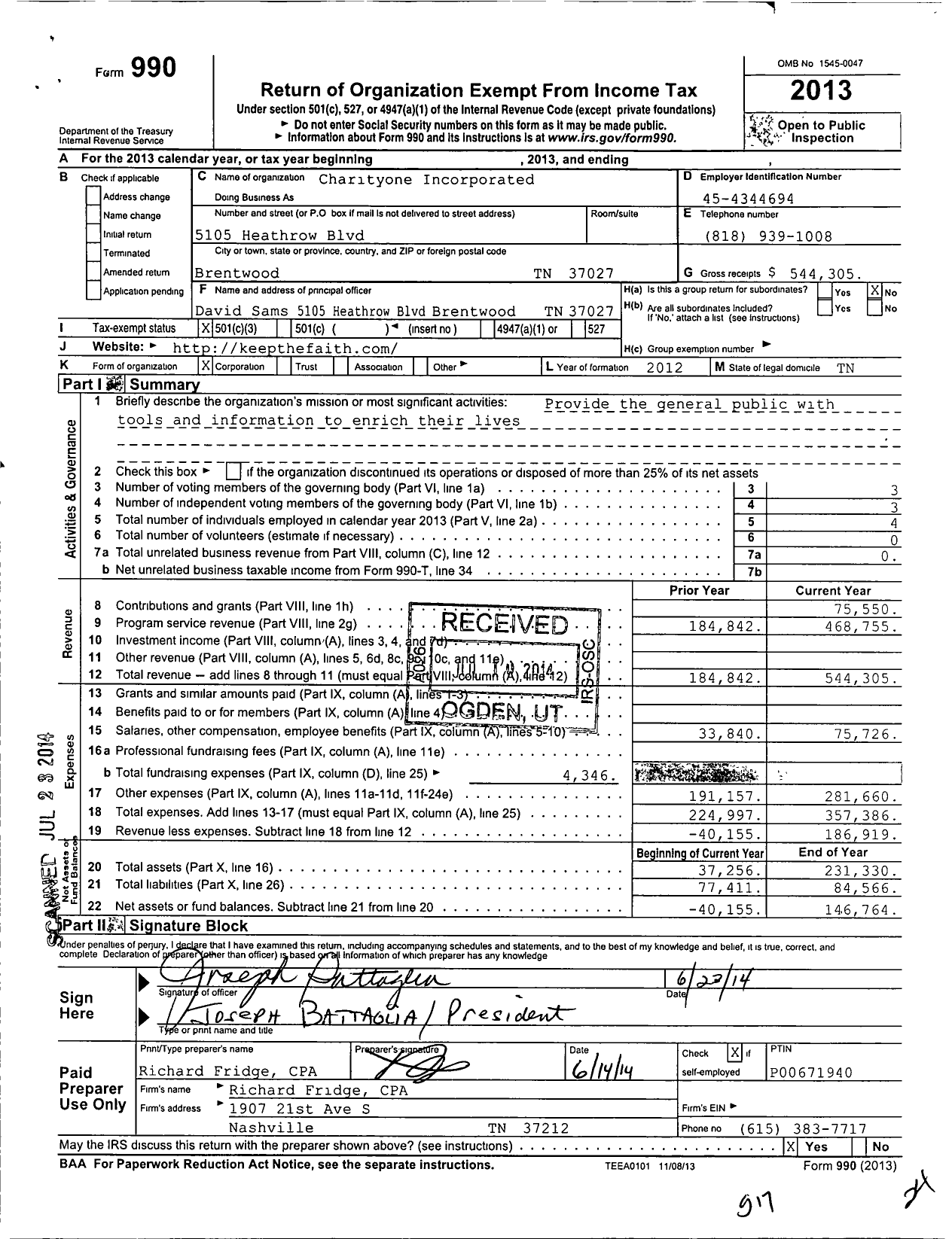 Image of first page of 2013 Form 990 for Charityone Incorporated