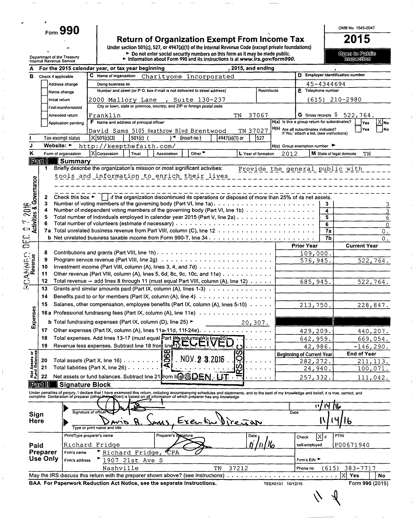 Image of first page of 2015 Form 990 for Charityone Incorporated