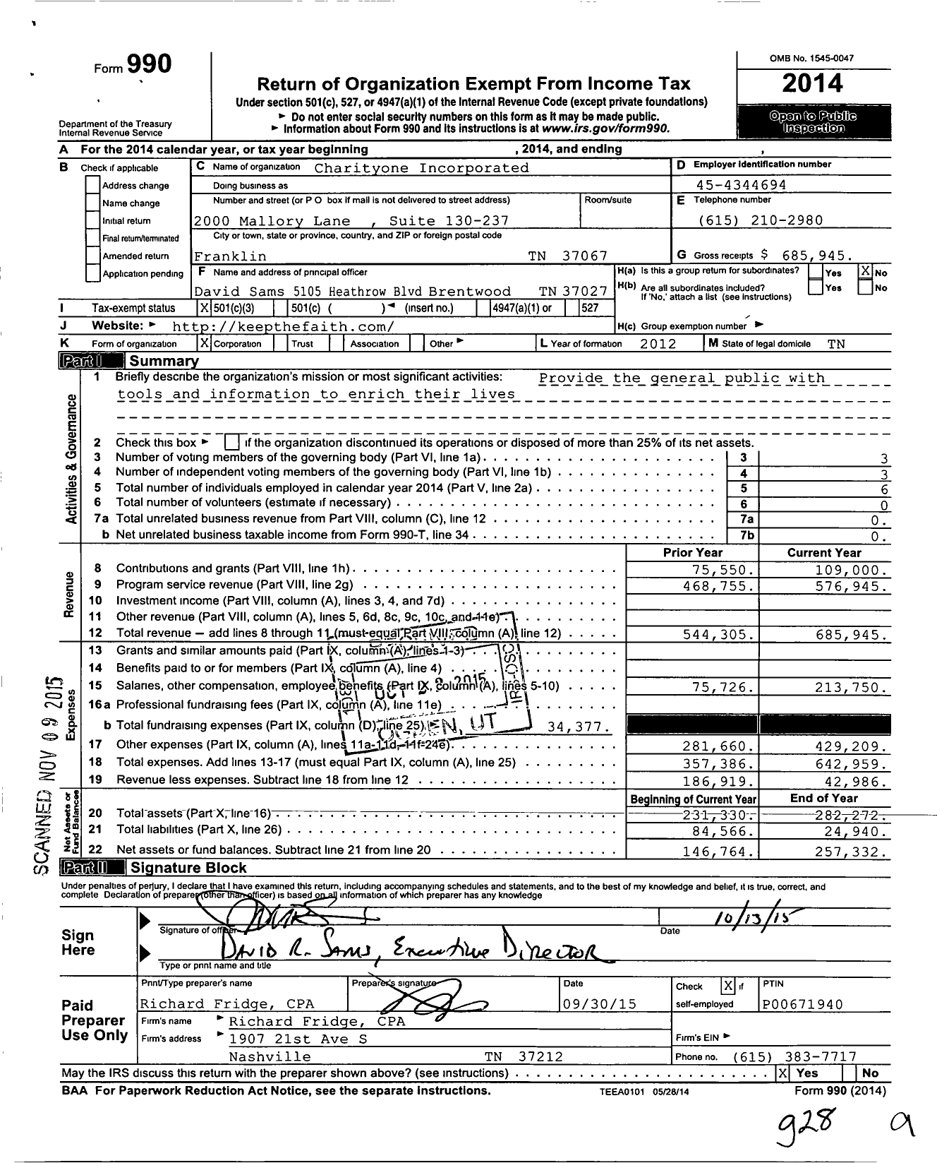 Image of first page of 2014 Form 990 for Charityone Incorporated