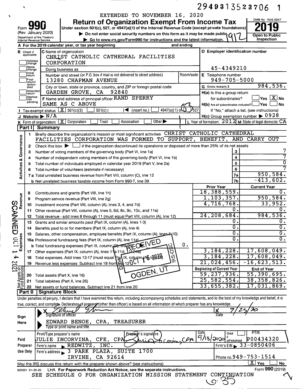 Image of first page of 2019 Form 990 for Christ Catholic Cathedral Facilities Corporation