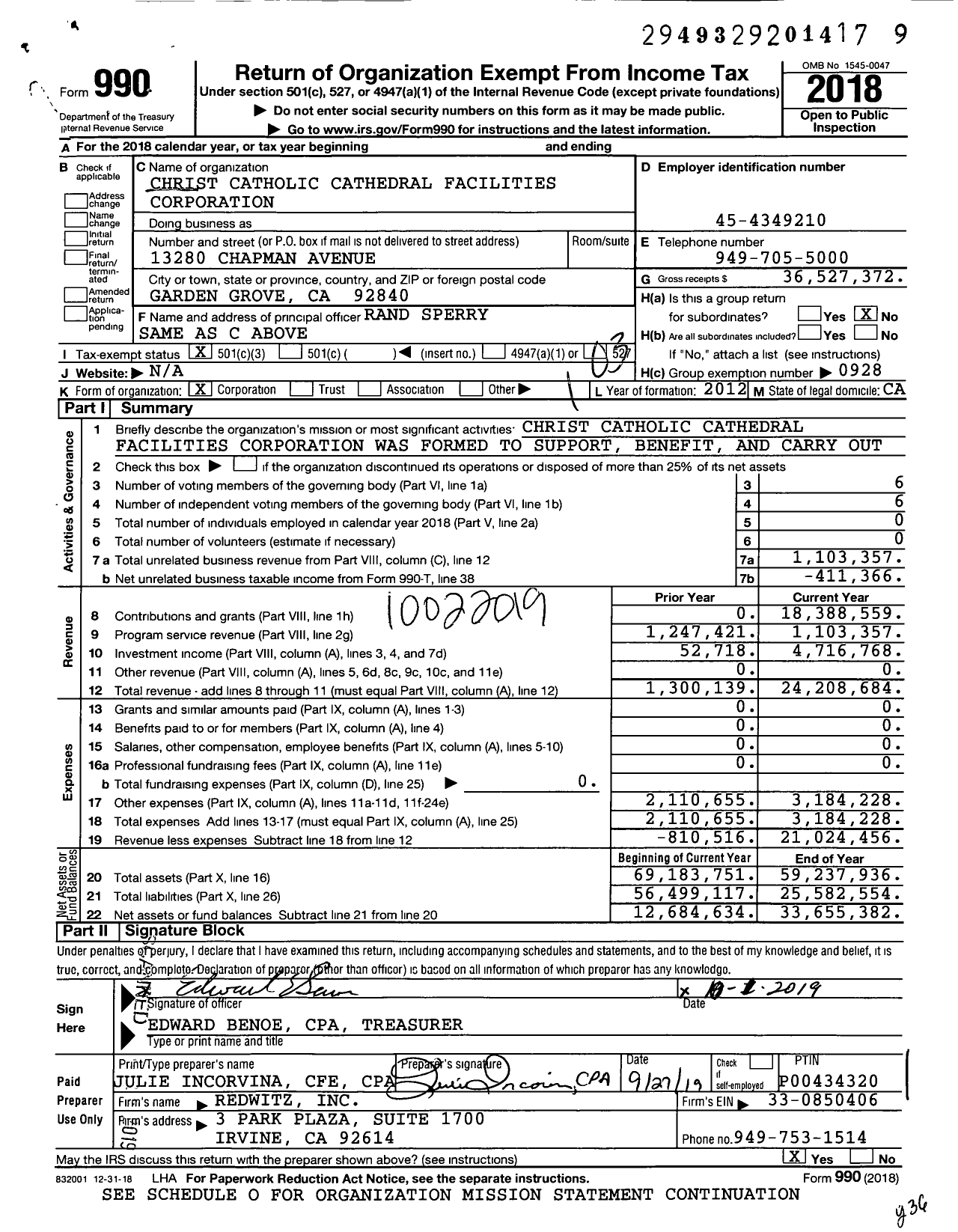 Image of first page of 2018 Form 990 for Christ Catholic Cathedral Facilities Corporation