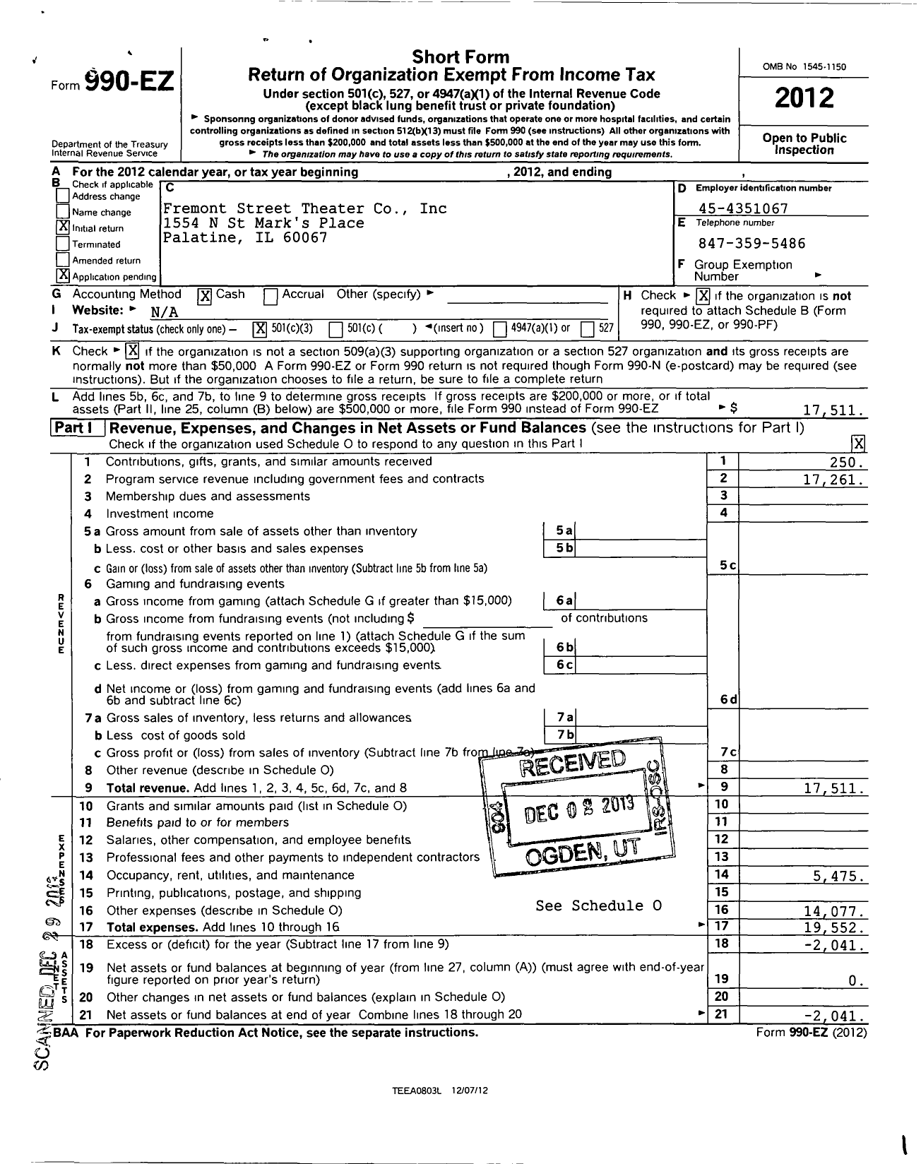 Image of first page of 2012 Form 990EZ for Fremont Street Theater Company