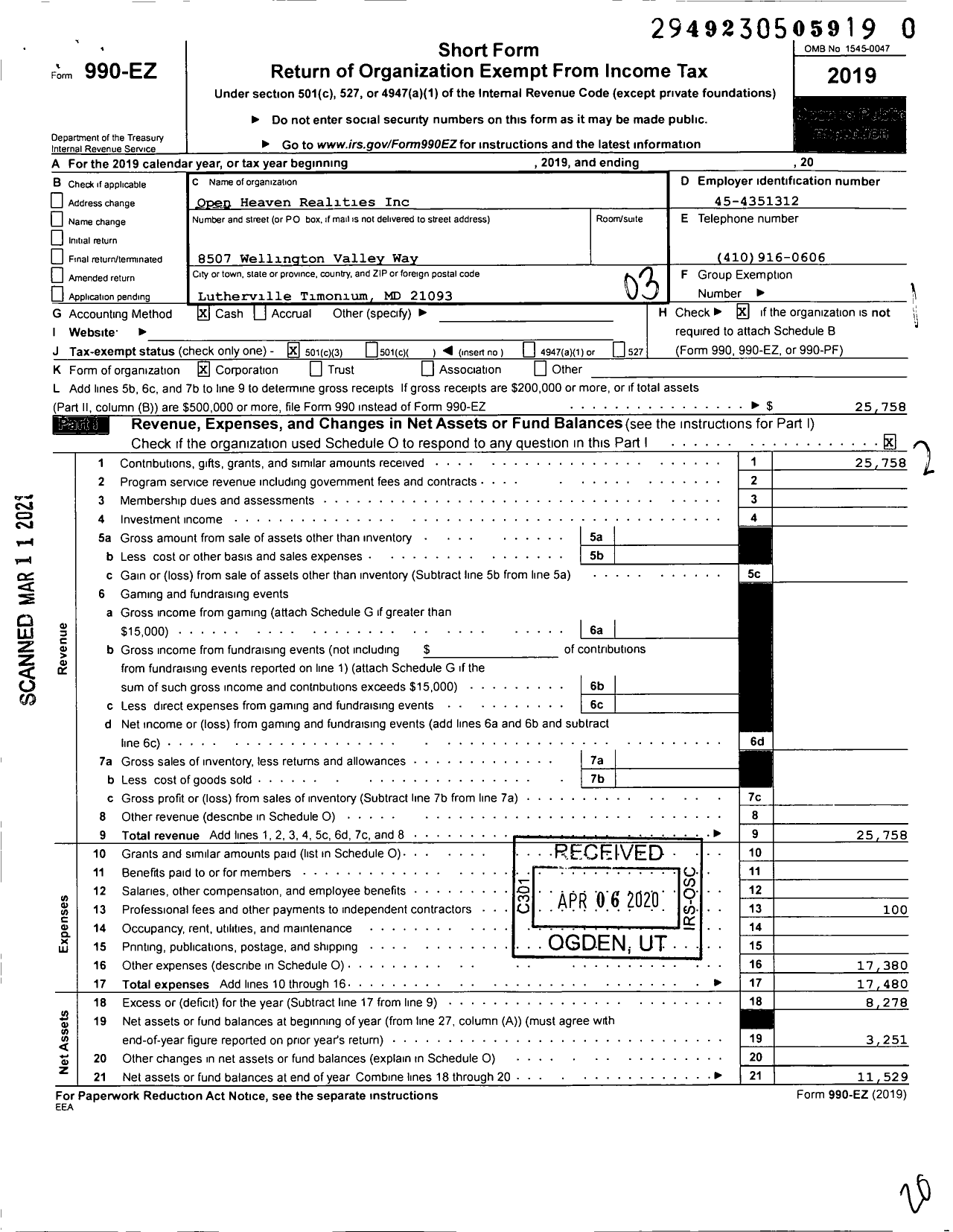 Image of first page of 2019 Form 990EZ for Open Heaven Realities