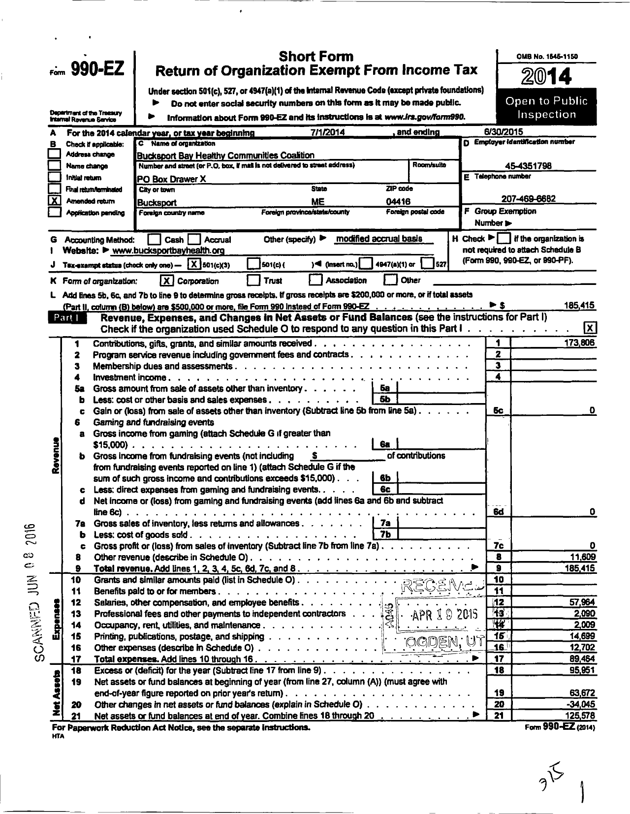 Image of first page of 2014 Form 990EZ for Bucksport Bay Healthy Communities Coalition