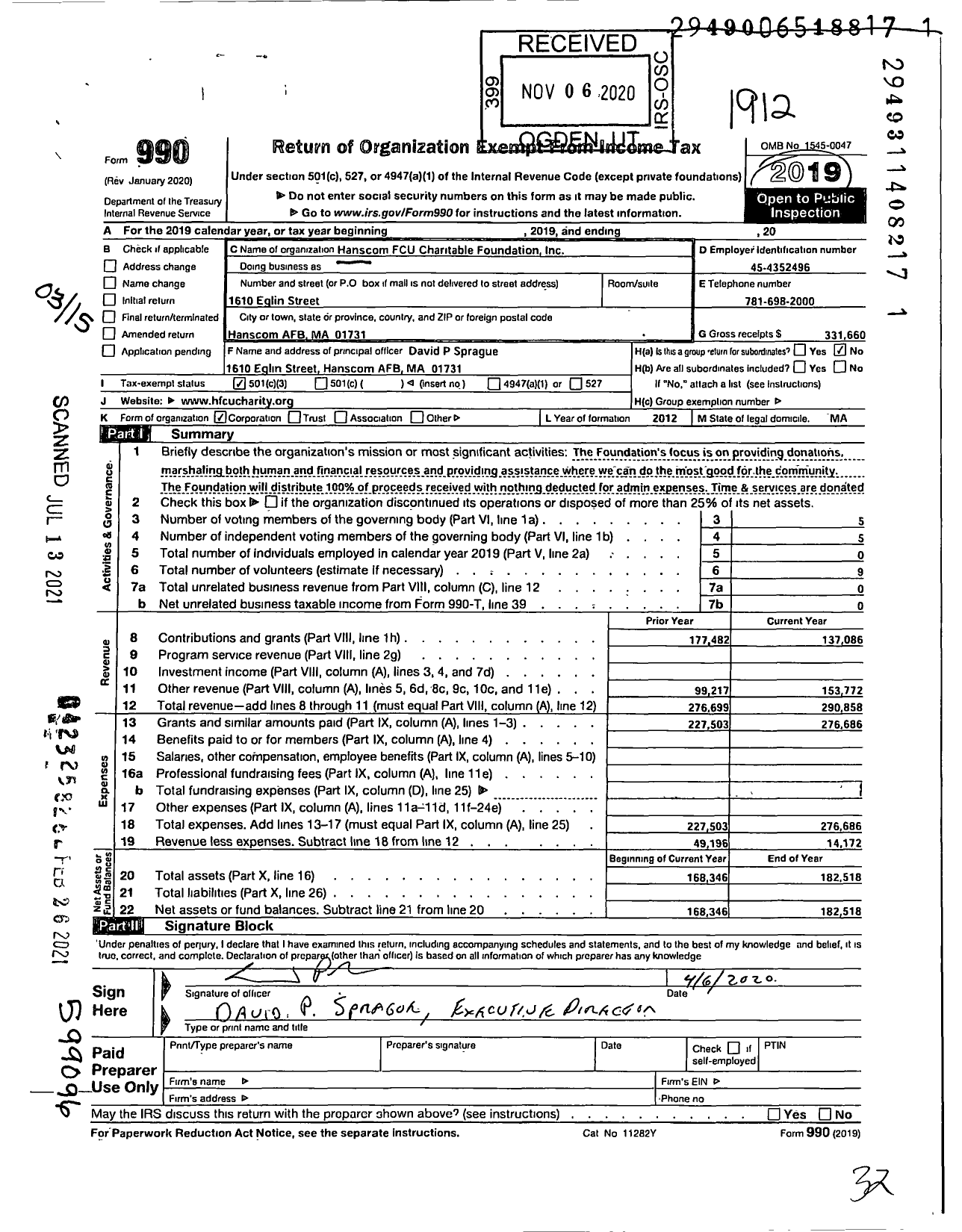 Image of first page of 2019 Form 990 for Hanscom Fcu Charitable Foundation