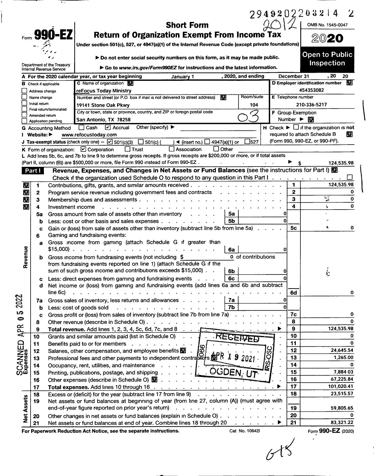 Image of first page of 2020 Form 990EZ for Refocus Today Ministry