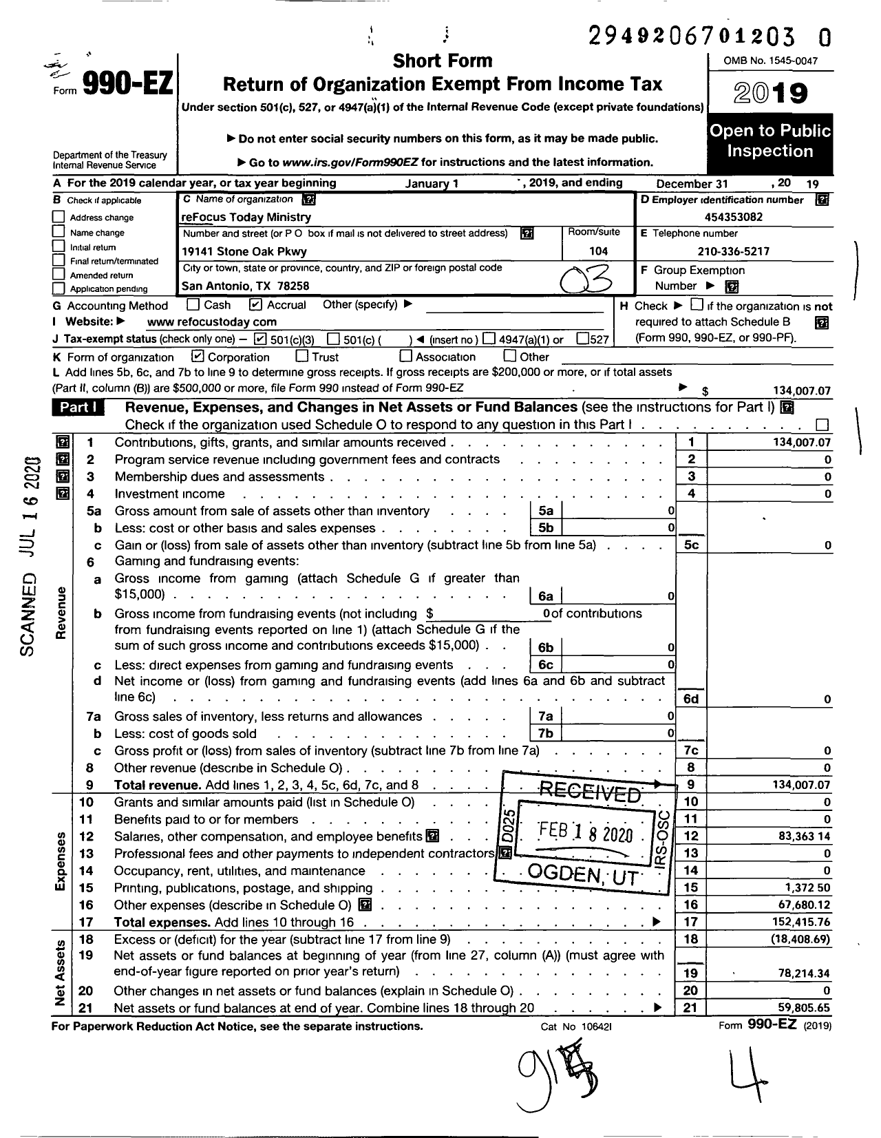 Image of first page of 2019 Form 990EZ for Refocus Today Ministry