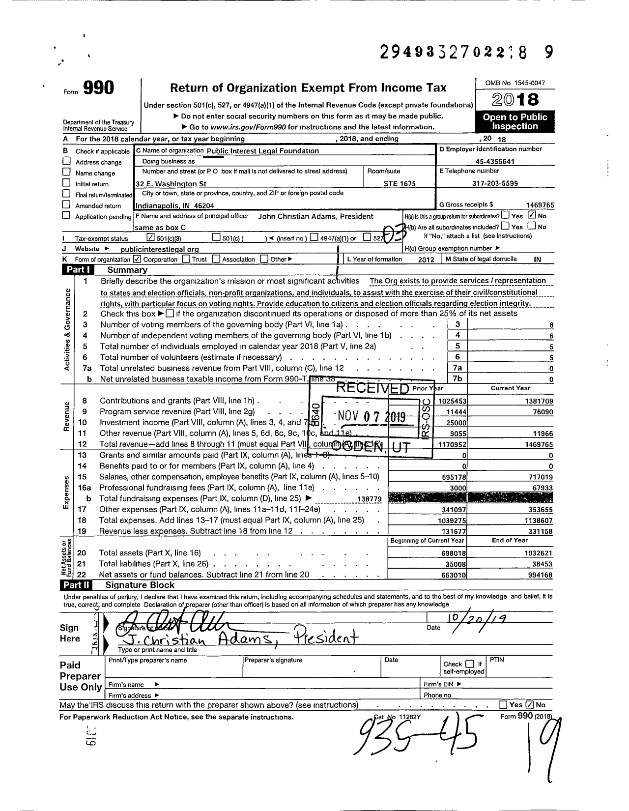 Image of first page of 2018 Form 990 for Public Interest Legal Foundation