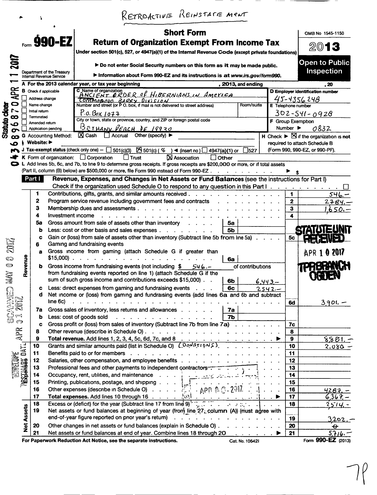 Image of first page of 2013 Form 990EO for Ancient Order of Hibernians in America