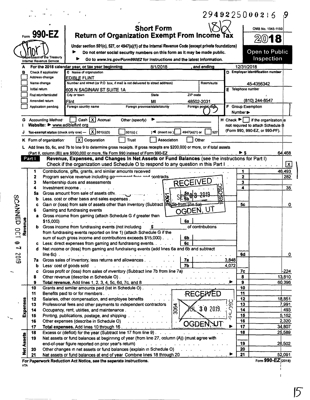 Image of first page of 2018 Form 990EZ for Edible Flint