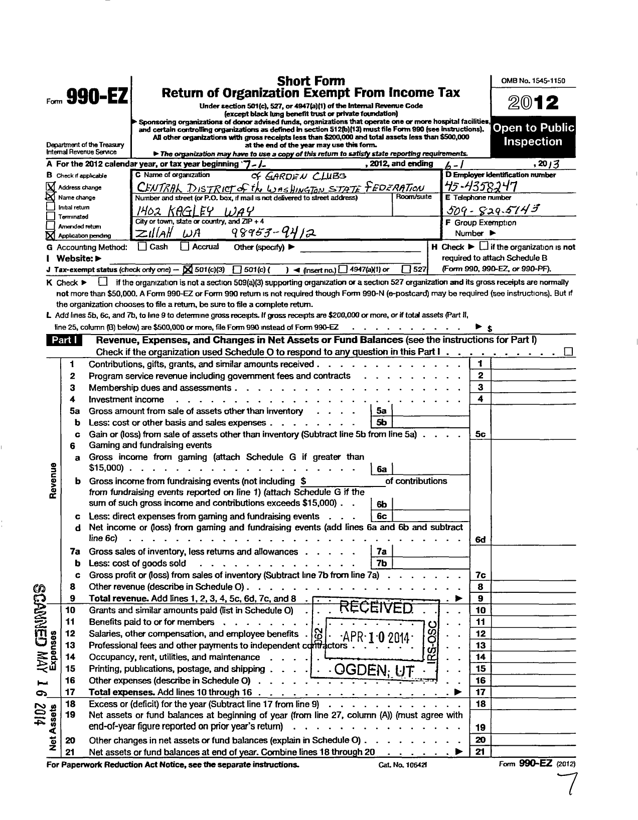 Image of first page of 2012 Form 990EZ for Central District of Washington State Federation of Garden Clubs