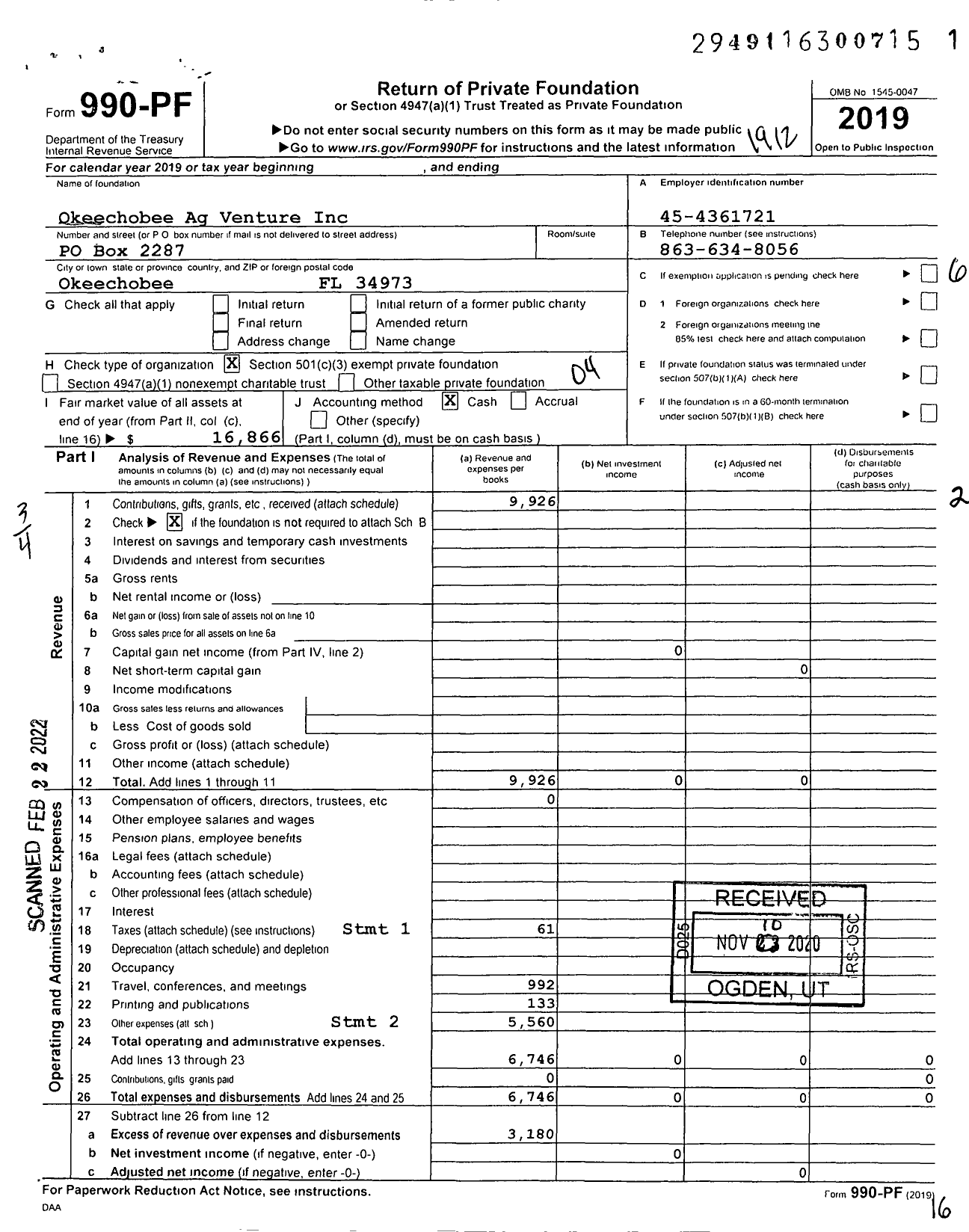 Image of first page of 2019 Form 990PF for Okeechobee Ag Venture