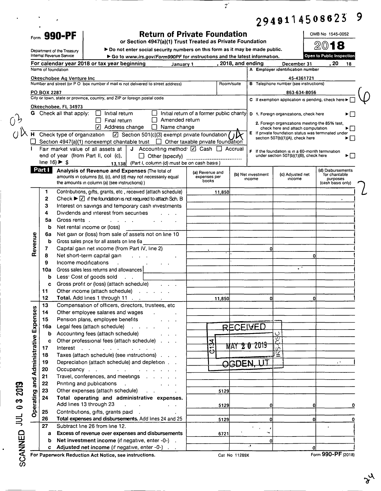 Image of first page of 2018 Form 990PF for Okeechobee Ag Venture