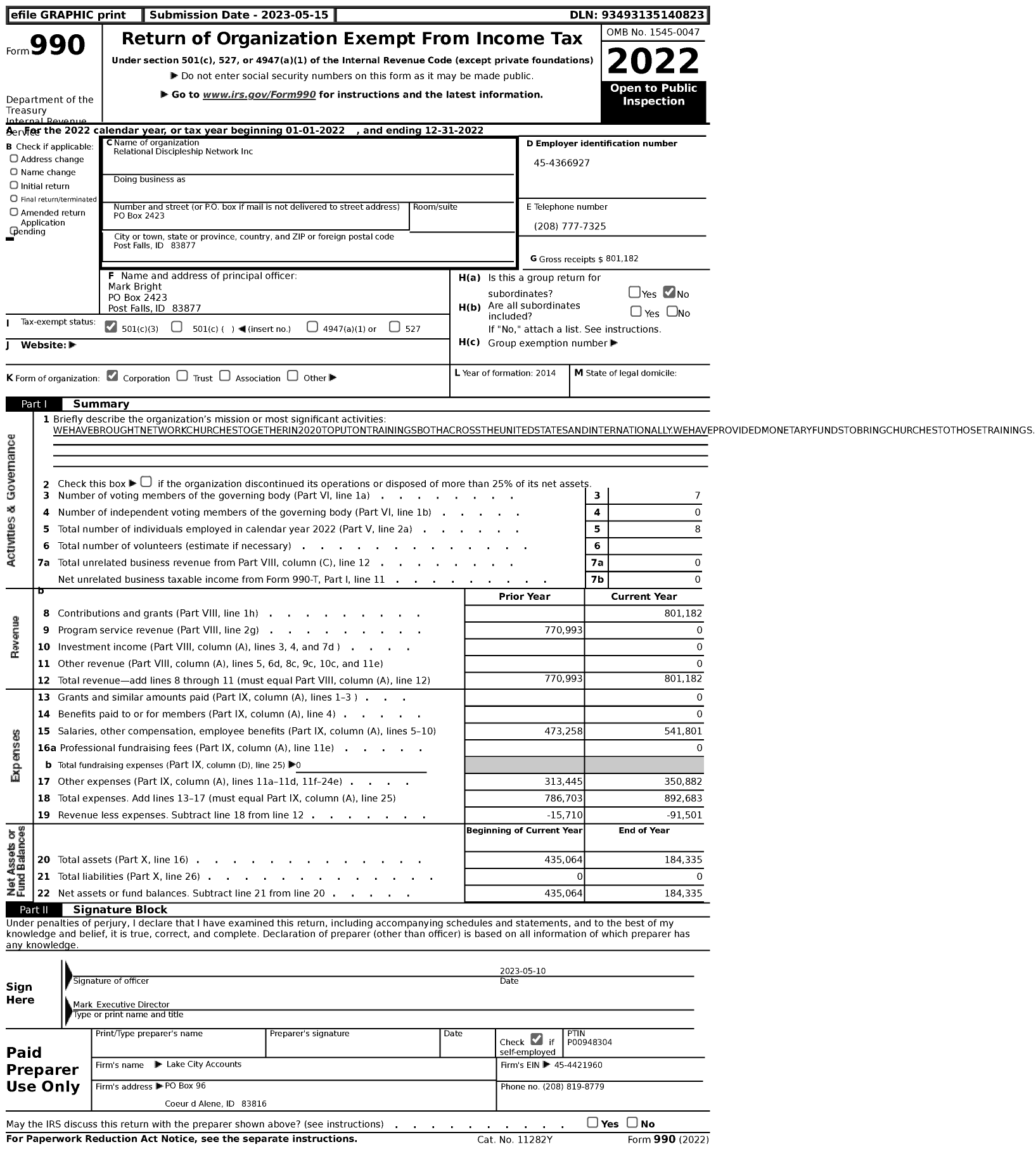 Image of first page of 2022 Form 990 for Relational Discipleship Network