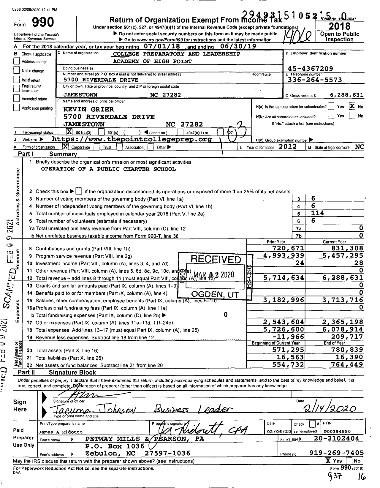 Image of first page of 2018 Form 990 for College Preparatory and Leadership Academy of High Point