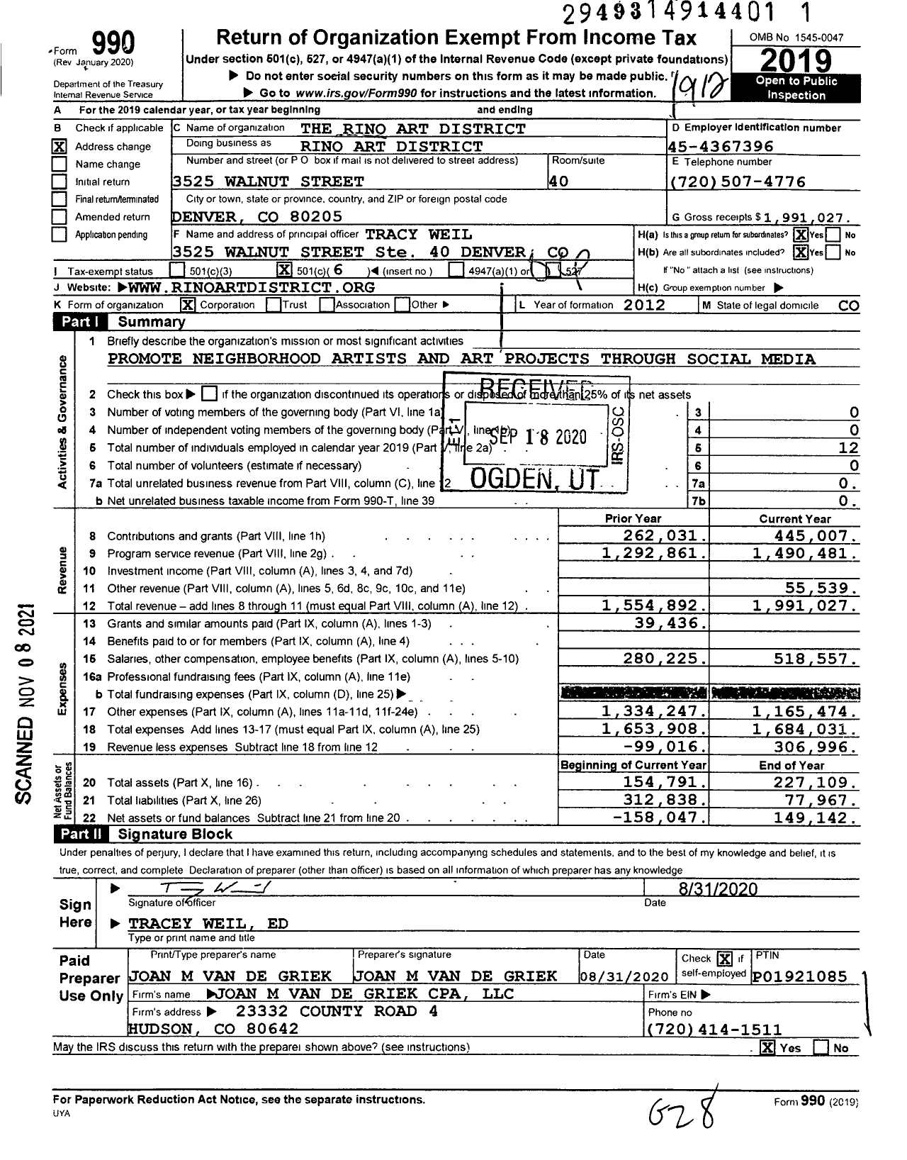 Image of first page of 2019 Form 990O for Rino Art District