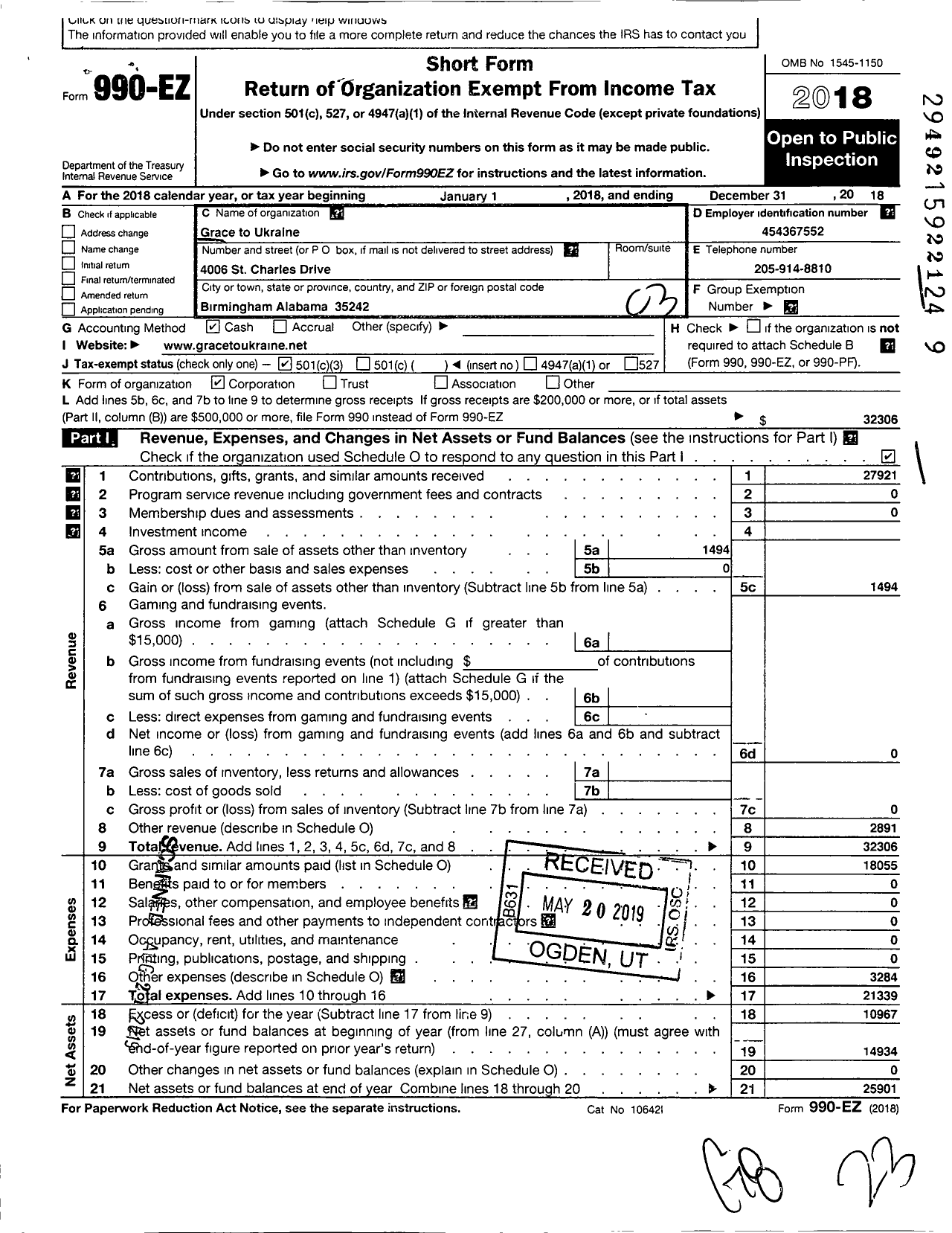 Image of first page of 2018 Form 990EZ for Grace To Ukraine