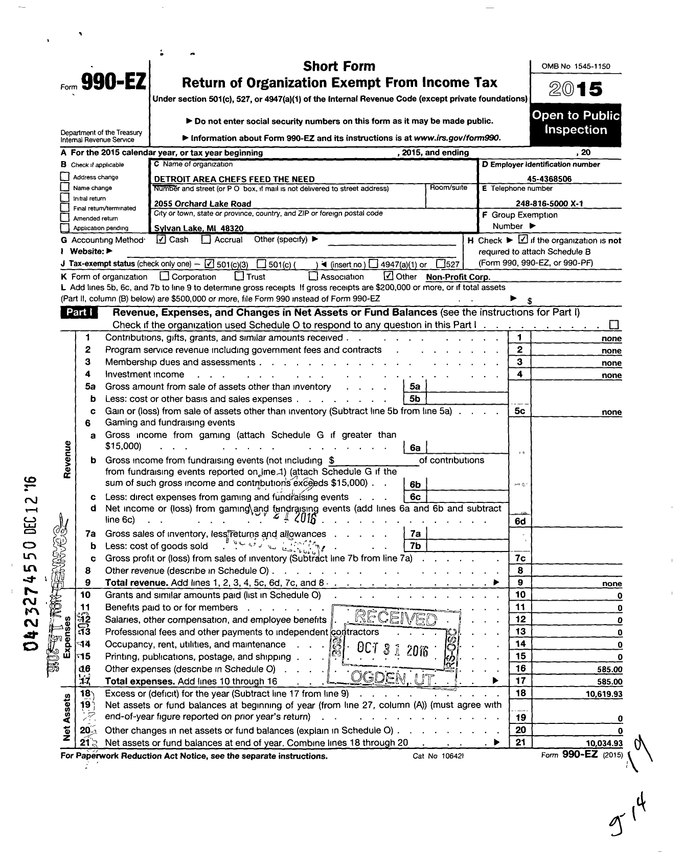 Image of first page of 2015 Form 990EZ for Detroit Area Chefs Feed the Need