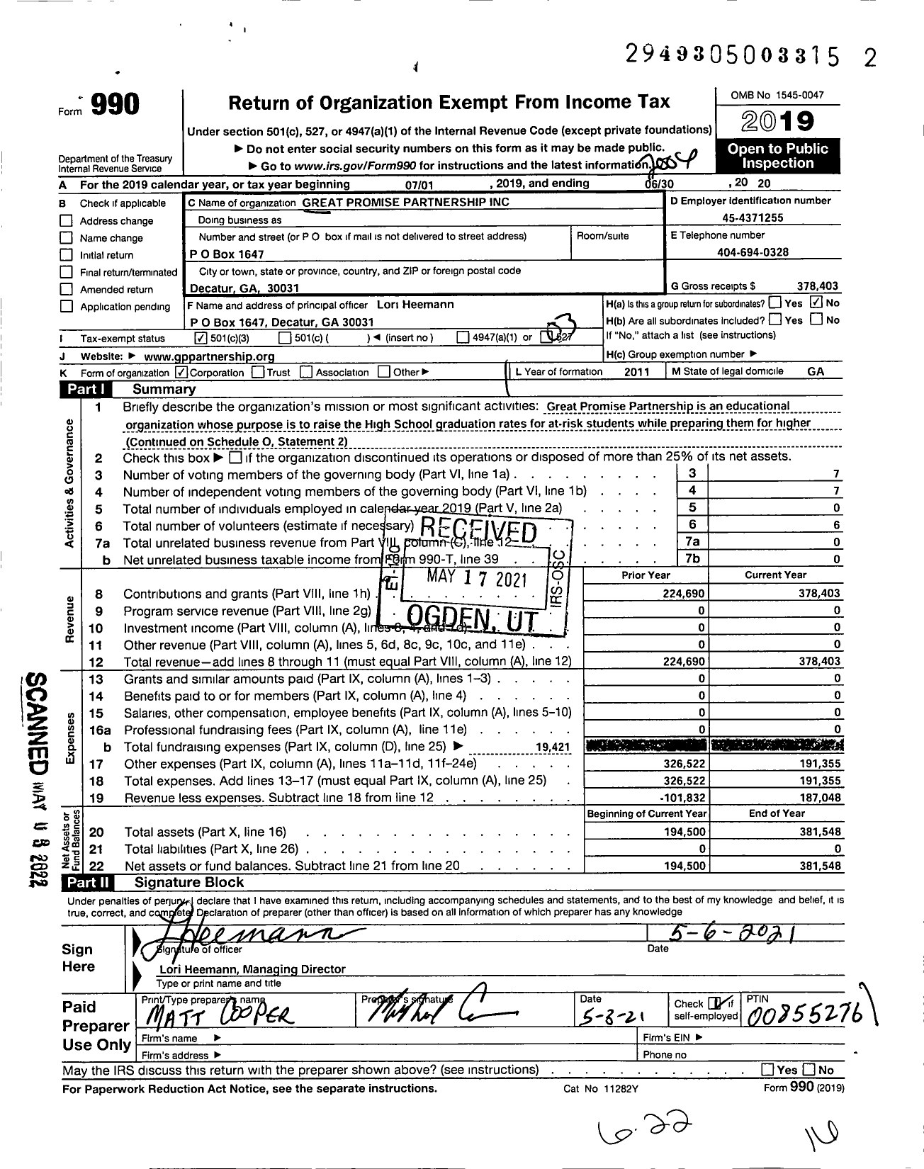 Image of first page of 2019 Form 990 for Great Promise Partnership