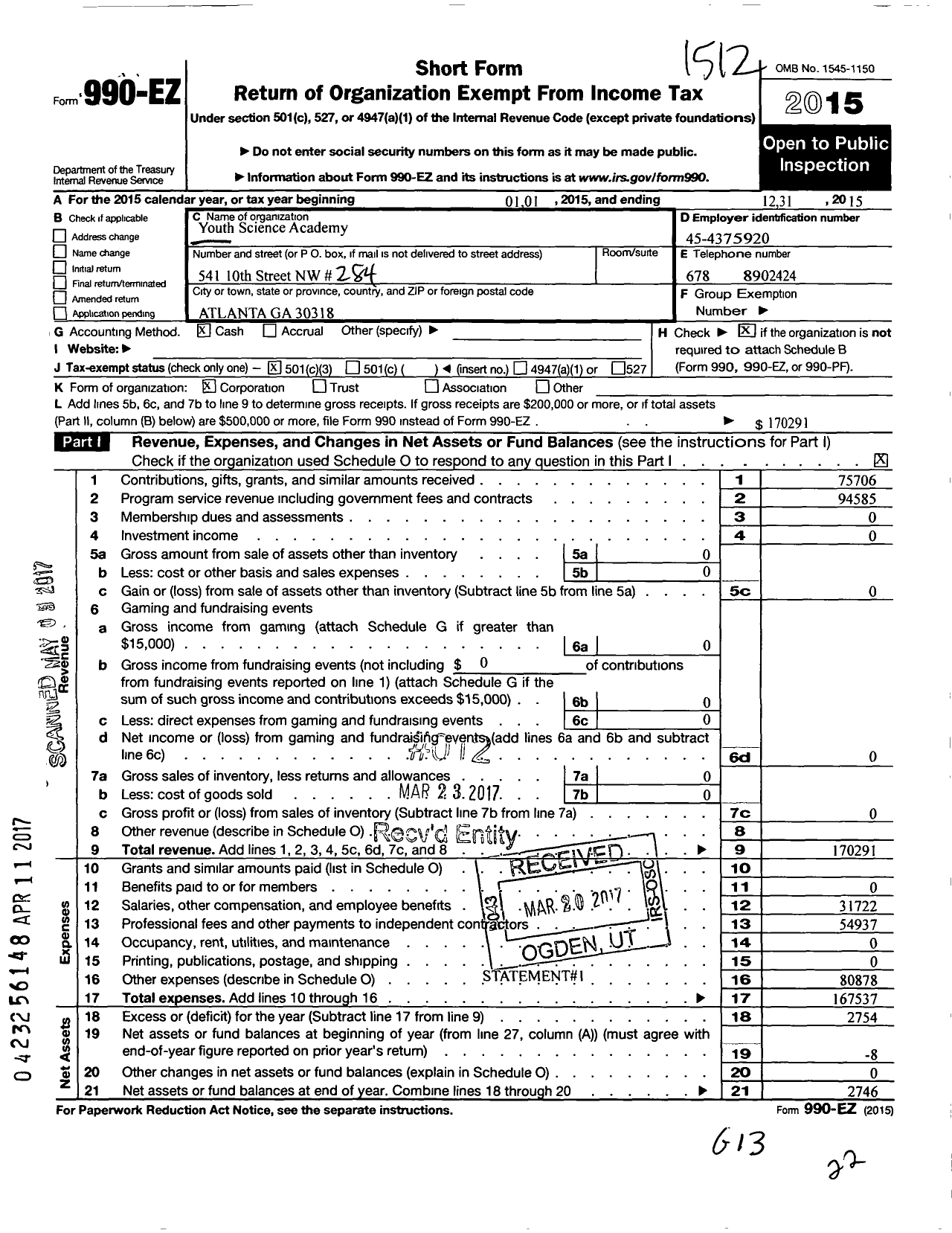 Image of first page of 2015 Form 990EZ for Youth Science Academy