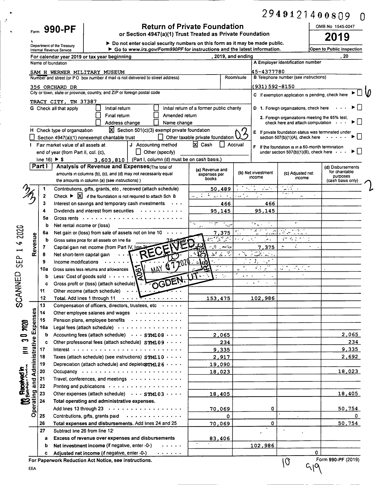 Image of first page of 2019 Form 990PR for Sam H Werner Military Museum