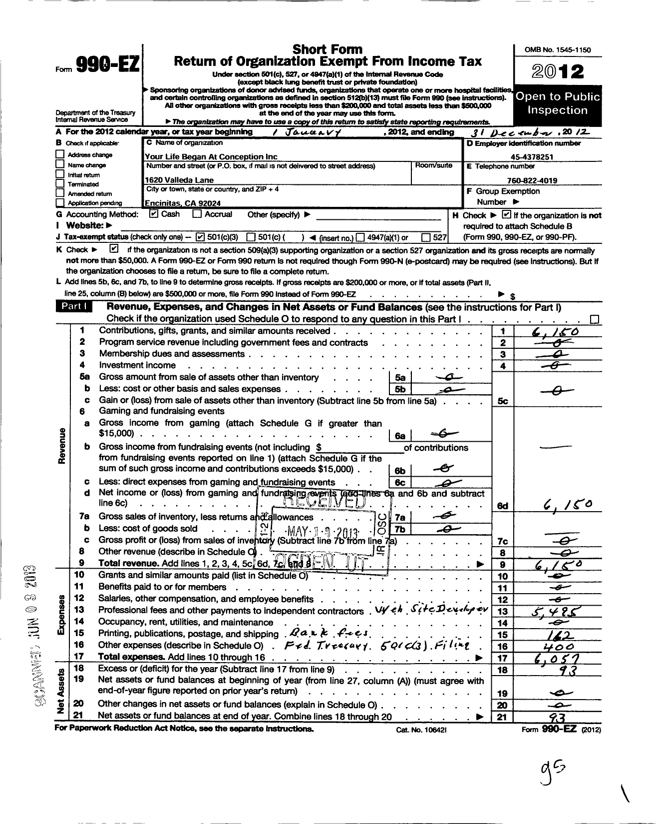 Image of first page of 2012 Form 990EZ for Your Life Began at Conception
