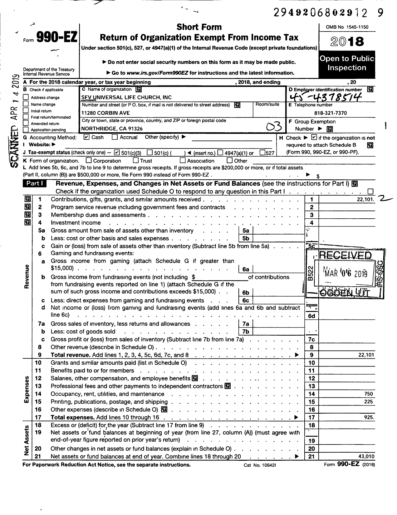 Image of first page of 2018 Form 990EZ for SFV Universal Life Church