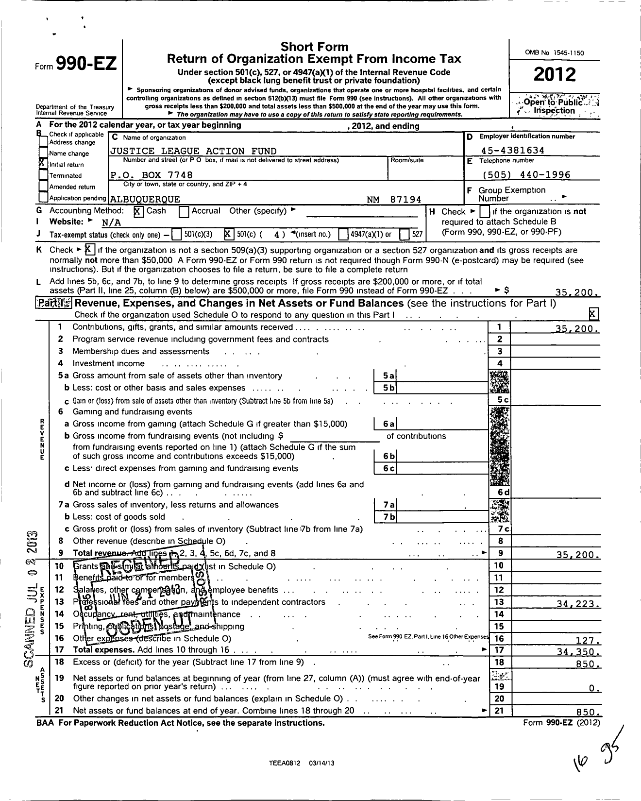 Image of first page of 2012 Form 990EO for Justice League Action Fund