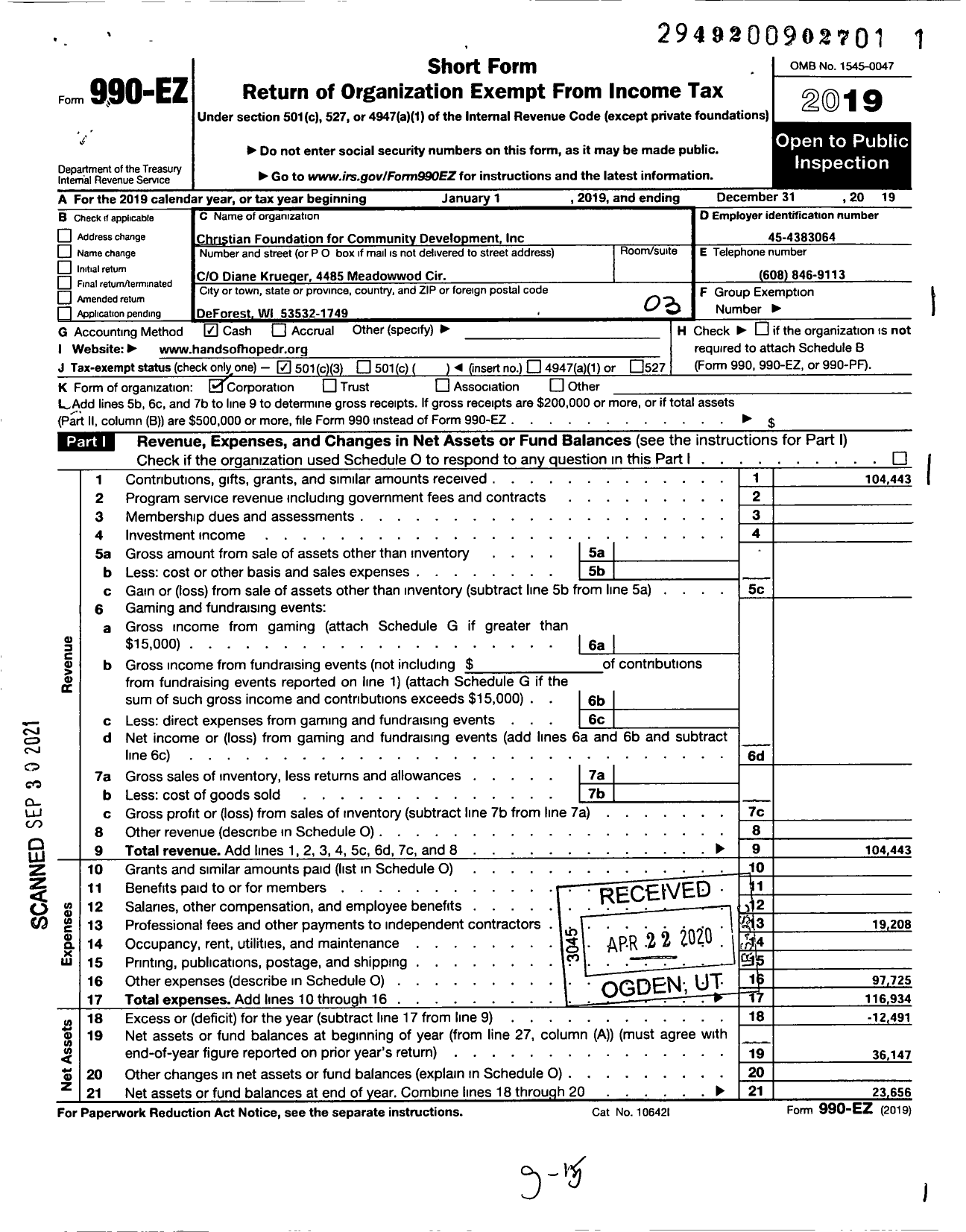 Image of first page of 2019 Form 990EZ for Christian Foundation for Community Development