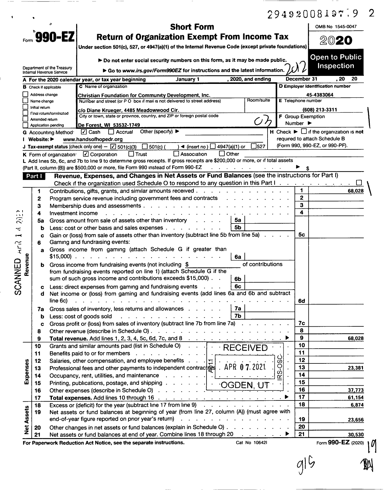 Image of first page of 2020 Form 990EZ for Christian Foundation for Community Development