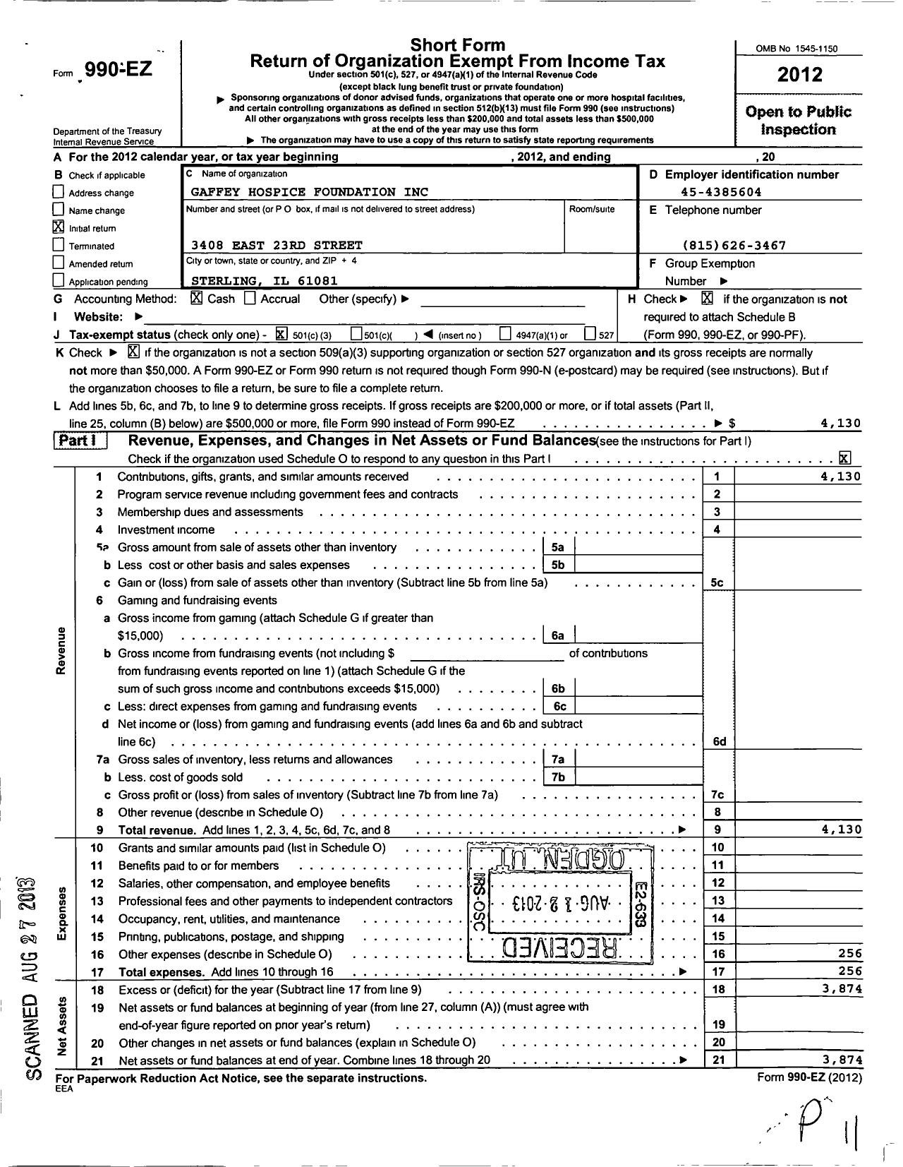 Image of first page of 2012 Form 990EZ for Gaffey Hospice Foundation