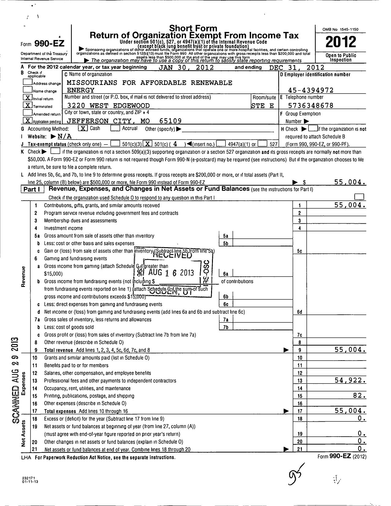 Image of first page of 2012 Form 990EO for Missourians for Affordable Renewable Energy