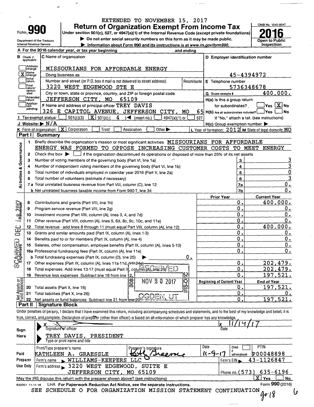 Image of first page of 2016 Form 990O for Missourians for Affordable Renewable Energy