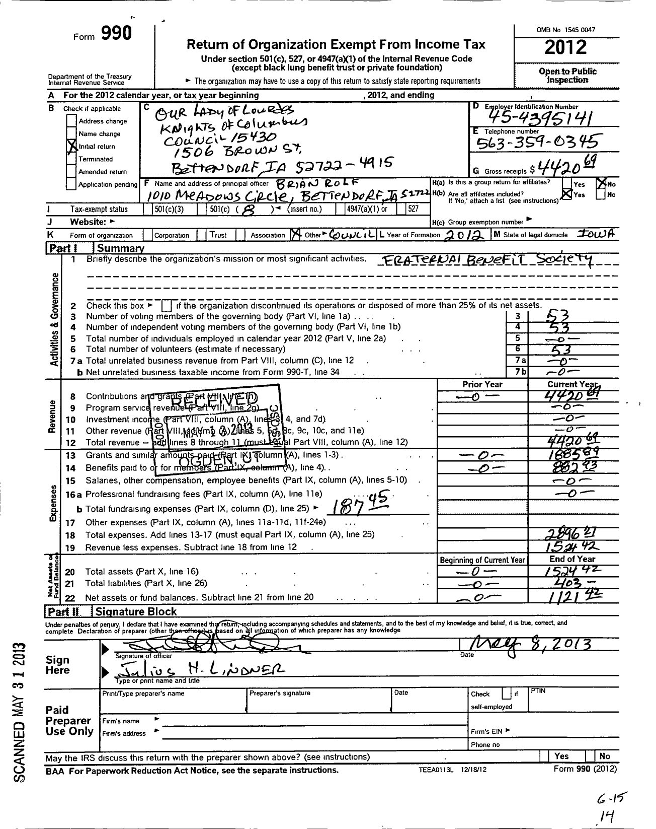 Image of first page of 2012 Form 990O for Knights of Columbus - 15430 St Bernadette Council