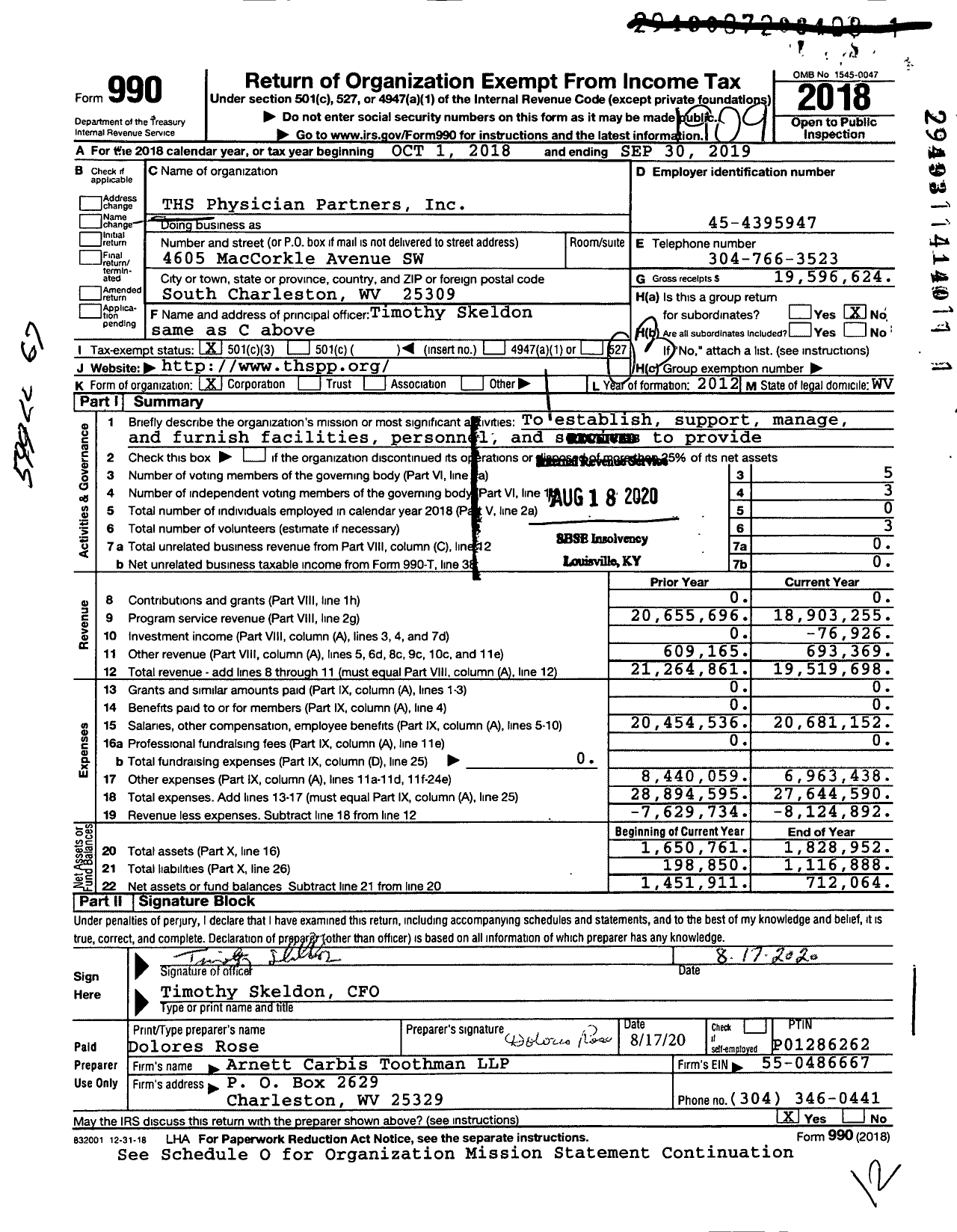 Image of first page of 2018 Form 990 for Thomas Health Systems Physician Partners Orthoclinic