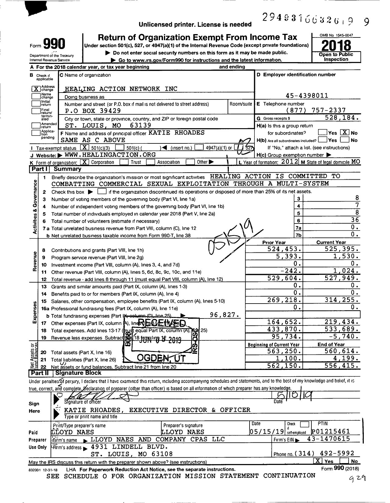 Image of first page of 2018 Form 990 for Healing Action Network