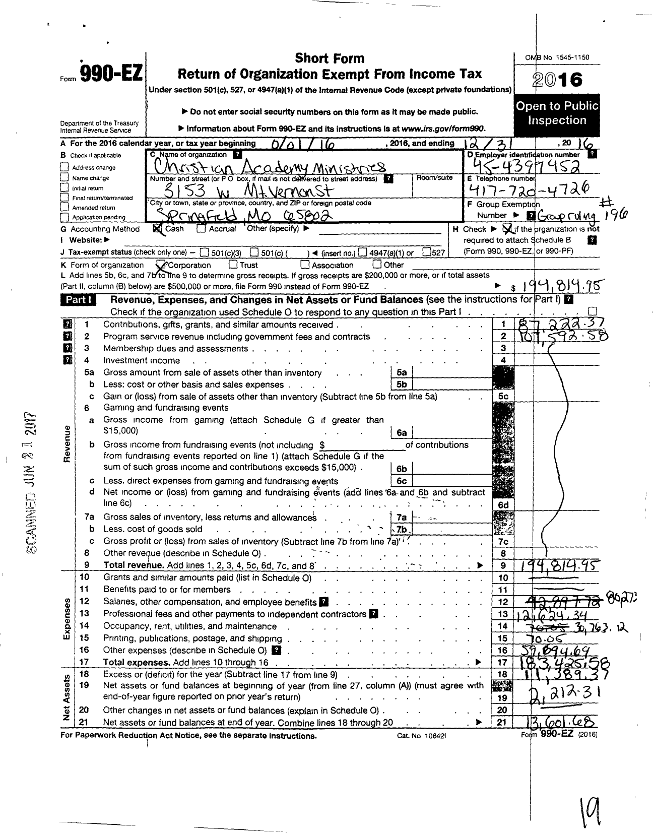 Image of first page of 2016 Form 990EO for Christian Academy Ministries