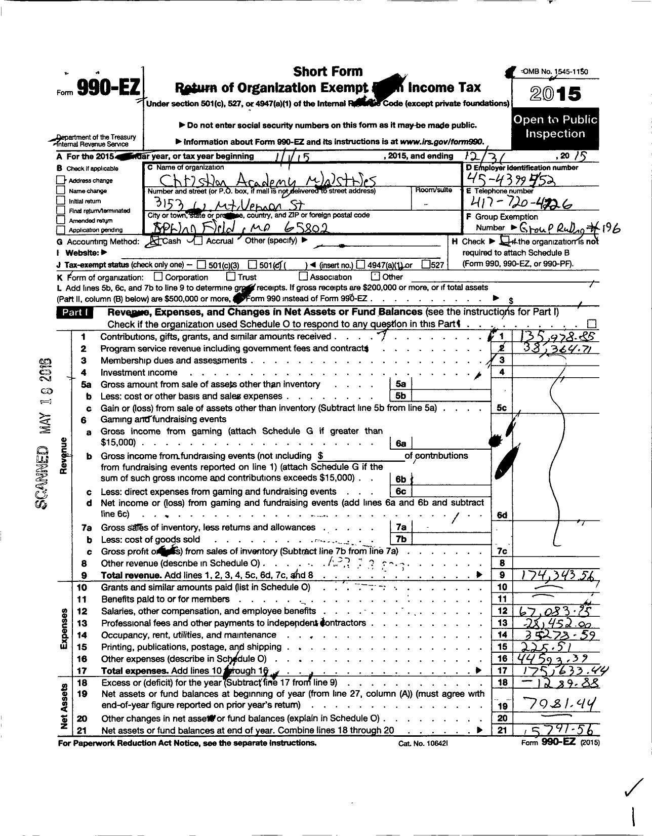 Image of first page of 2015 Form 990EO for Christian Academy Ministries