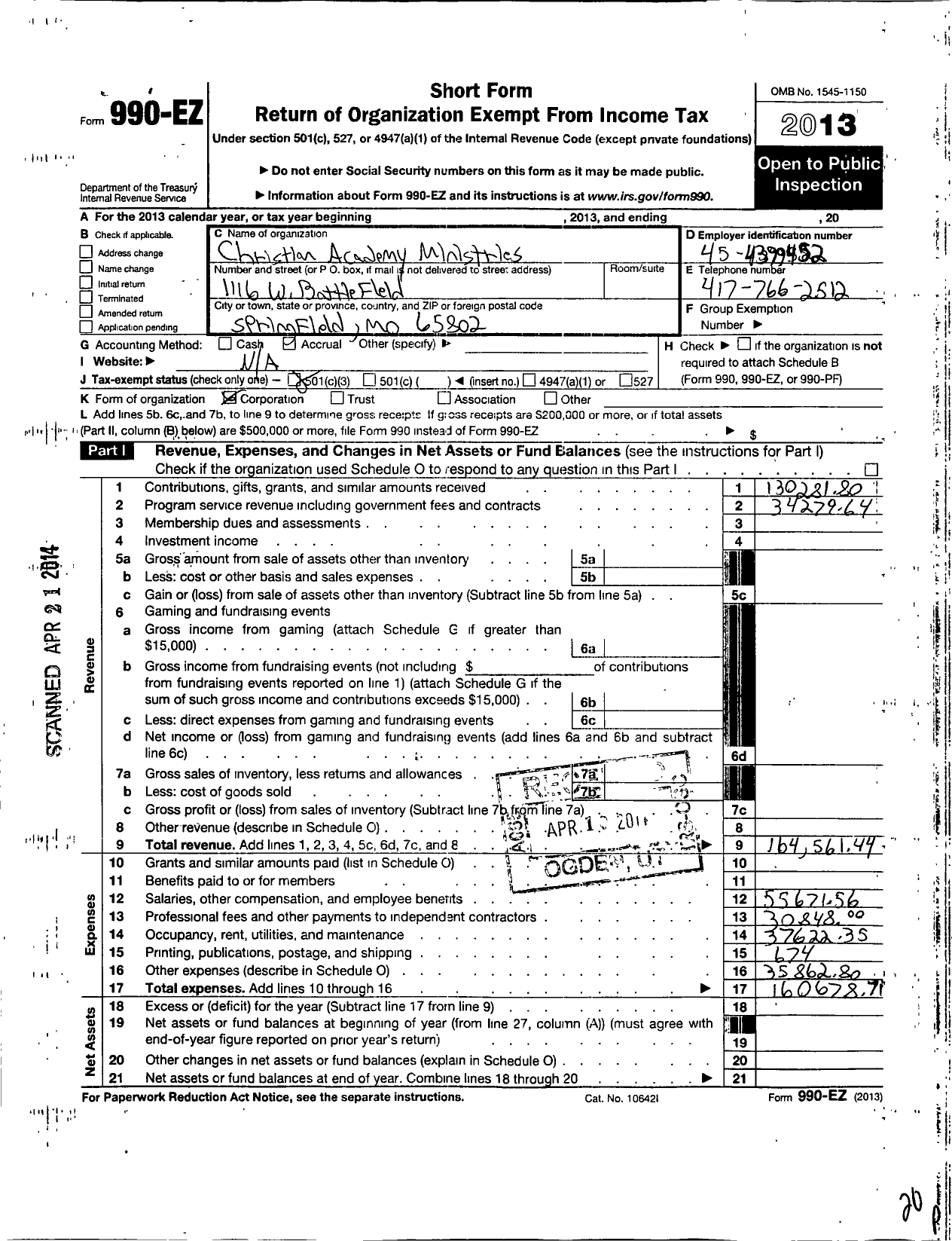 Image of first page of 2013 Form 990EZ for Christian Academy Ministries