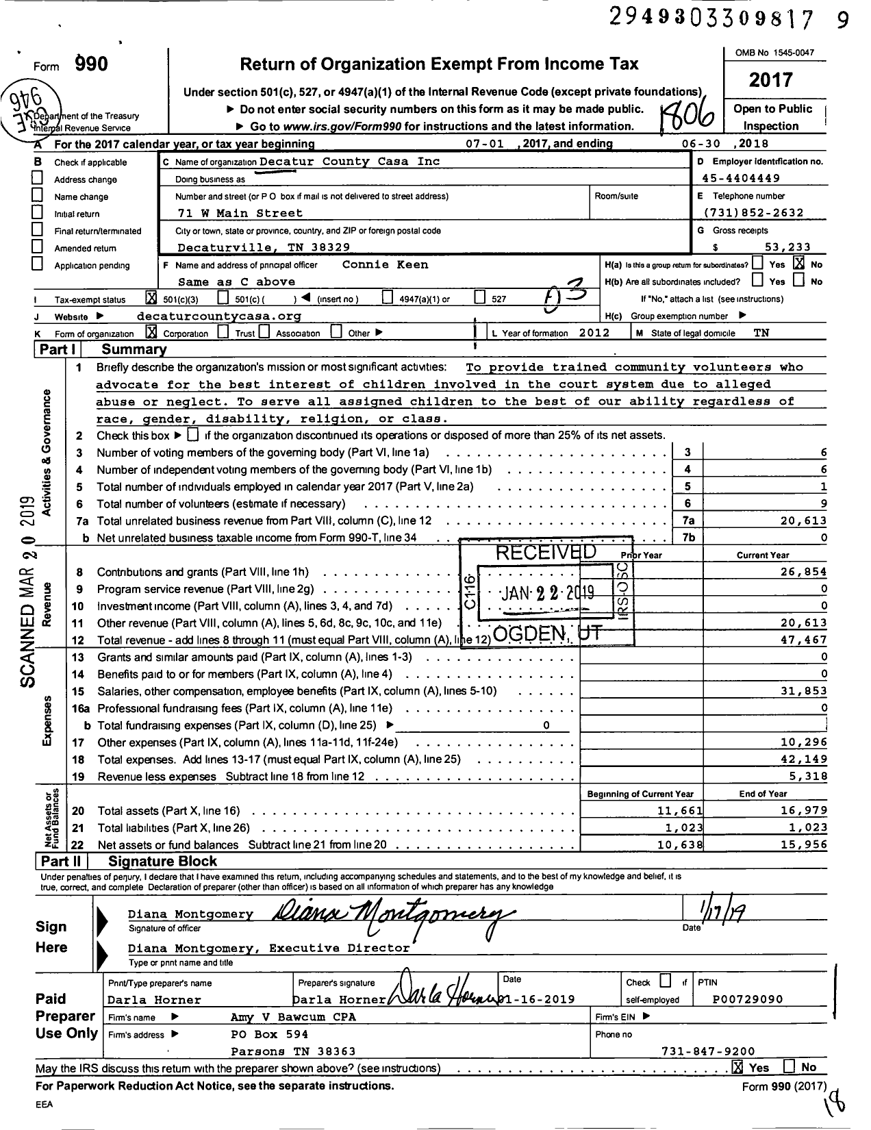 Image of first page of 2017 Form 990 for Decatur County CASA