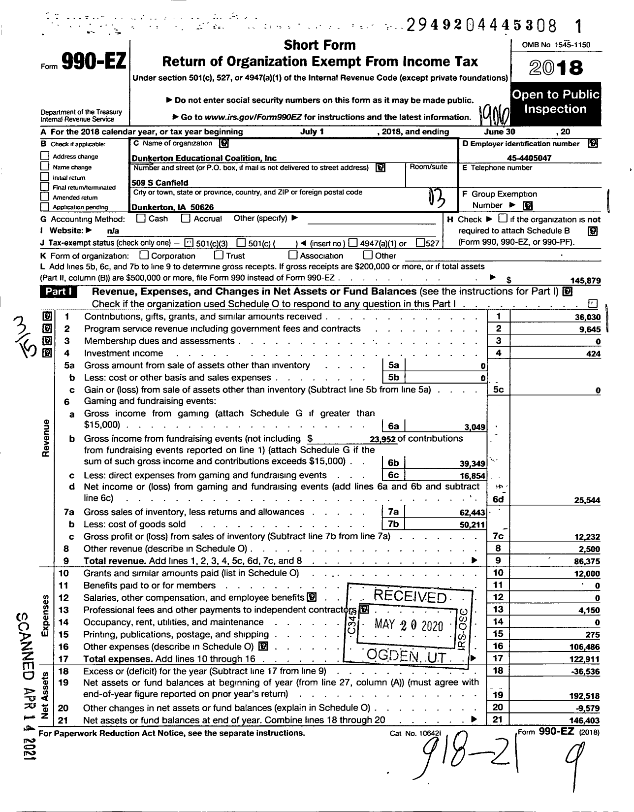 Image of first page of 2018 Form 990EZ for Dunkerton Educational Coalition