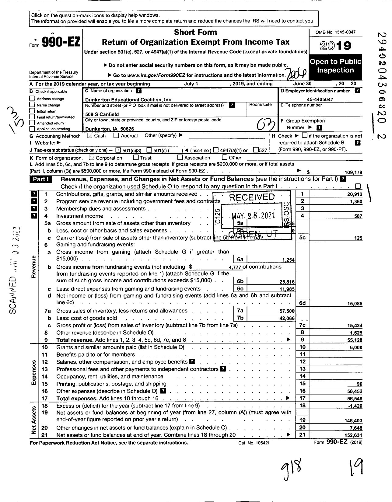 Image of first page of 2019 Form 990EZ for Dunkerton Educational Coalition