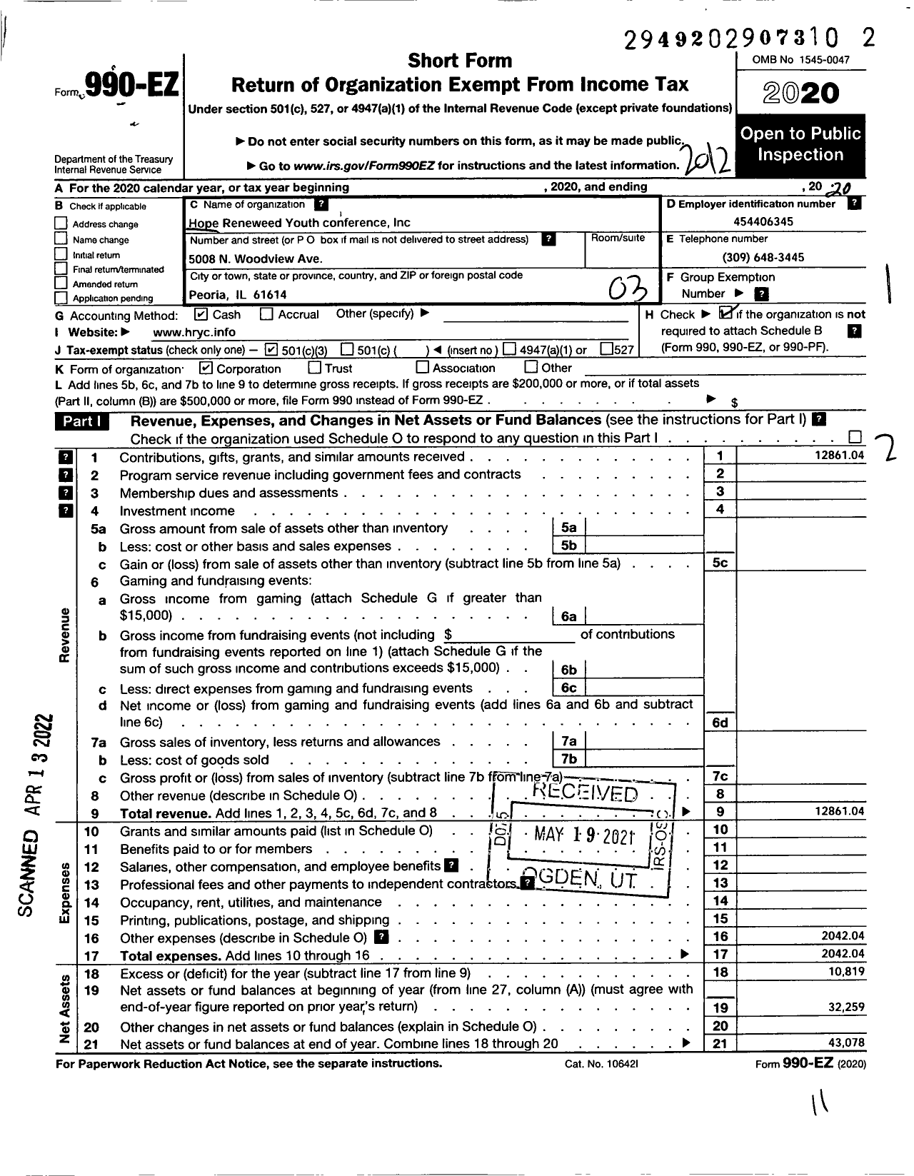 Image of first page of 2020 Form 990EZ for Hope Renewed Youth Conference