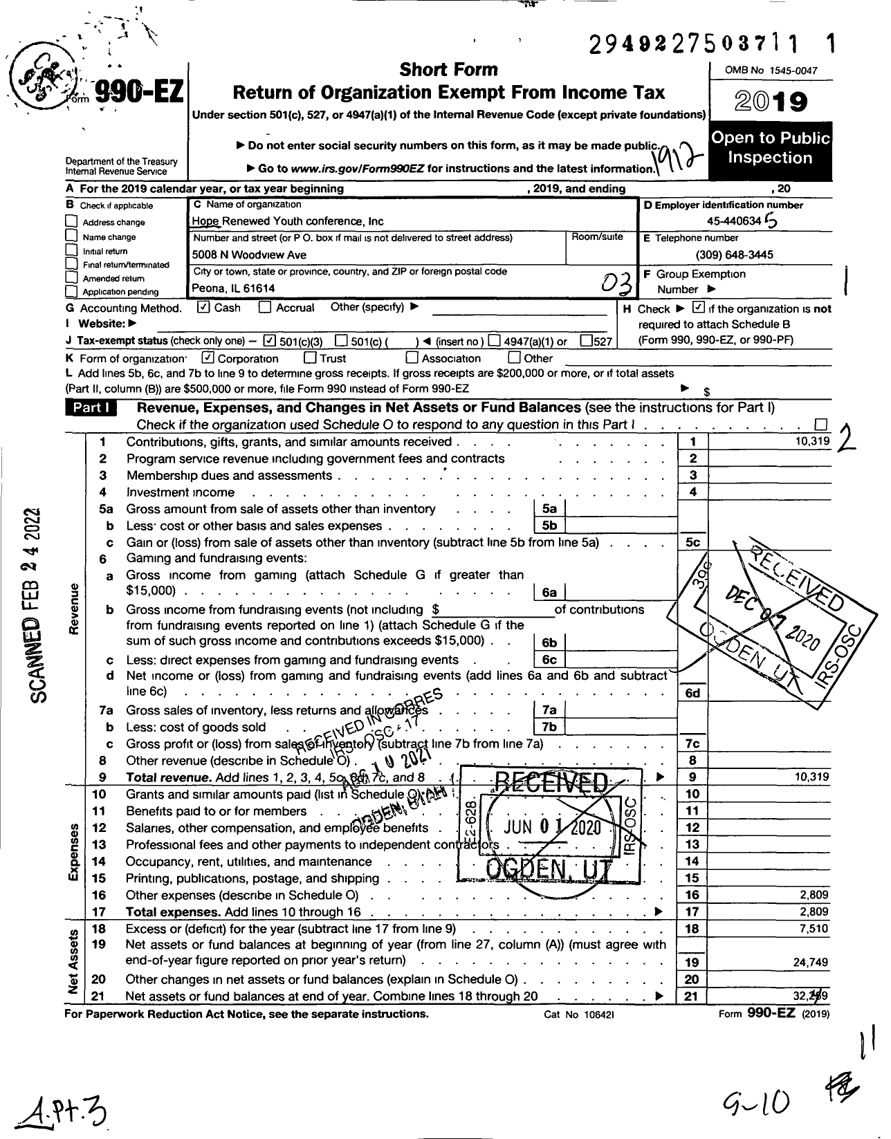 Image of first page of 2019 Form 990EZ for Hope Renewed Youth Conference