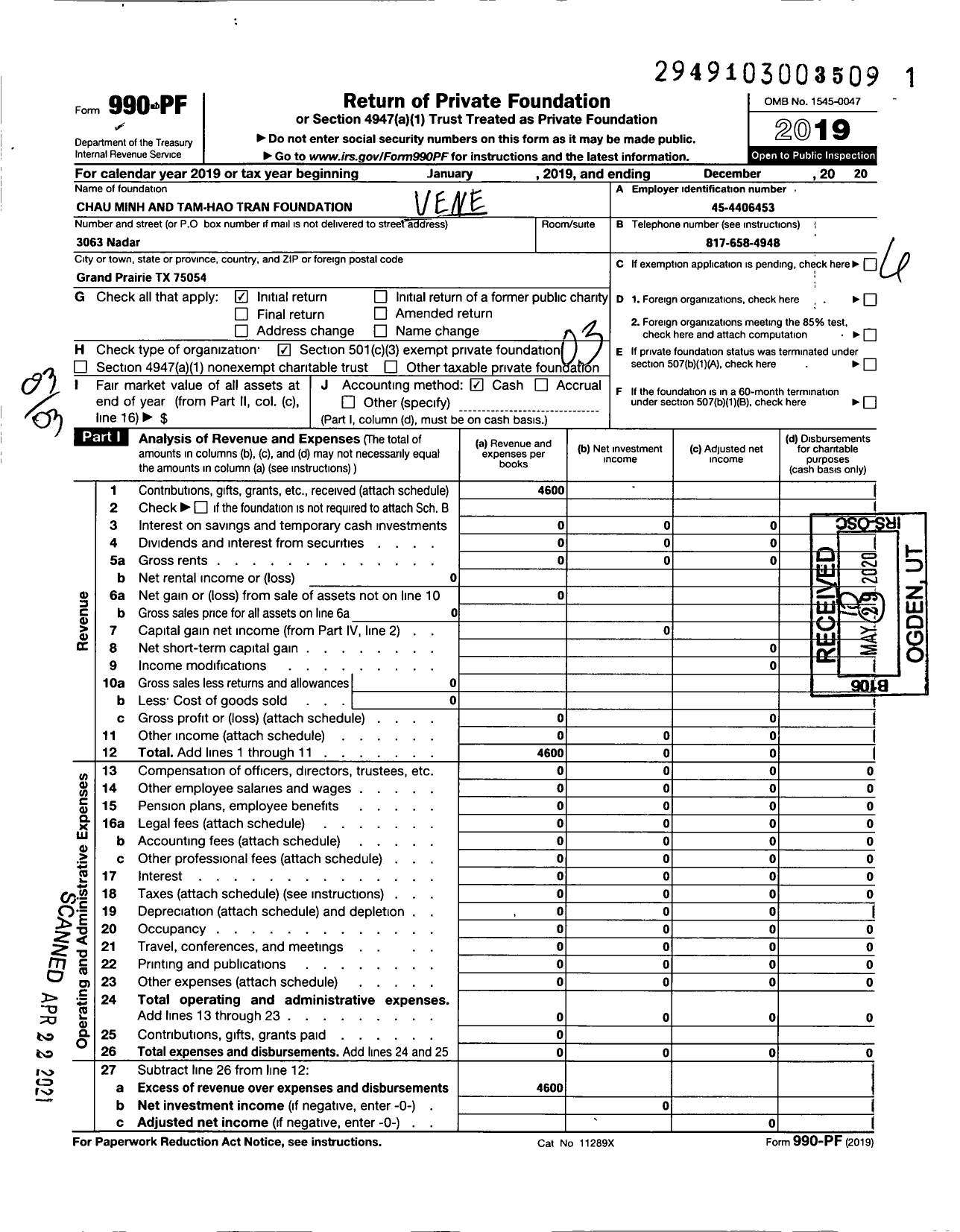 Image of first page of 2020 Form 990PF for Venerable - Doctor Giac Hanh and Disciples Charity