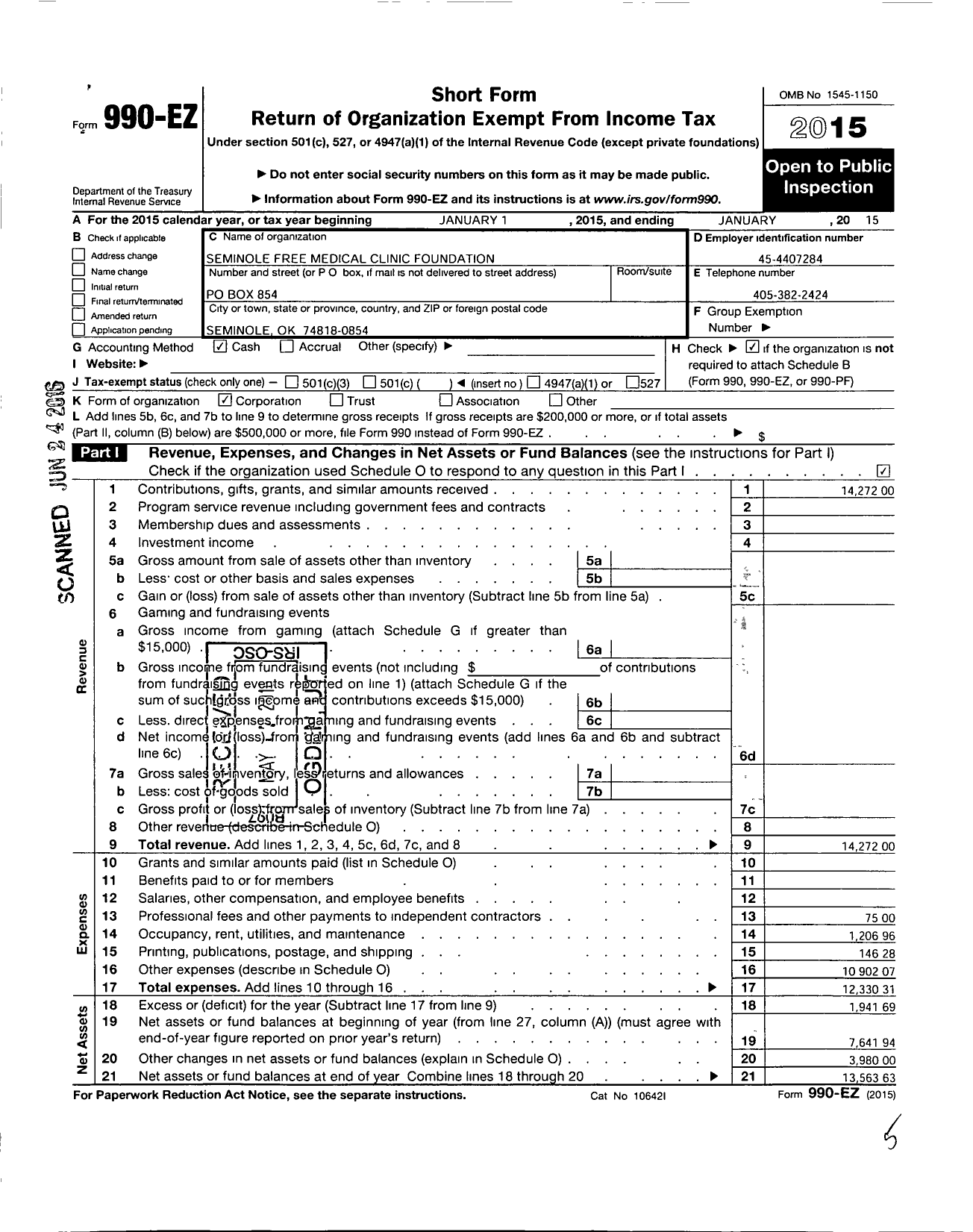 Image of first page of 2014 Form 990EO for Seminole Free Medical Clinic Foundation