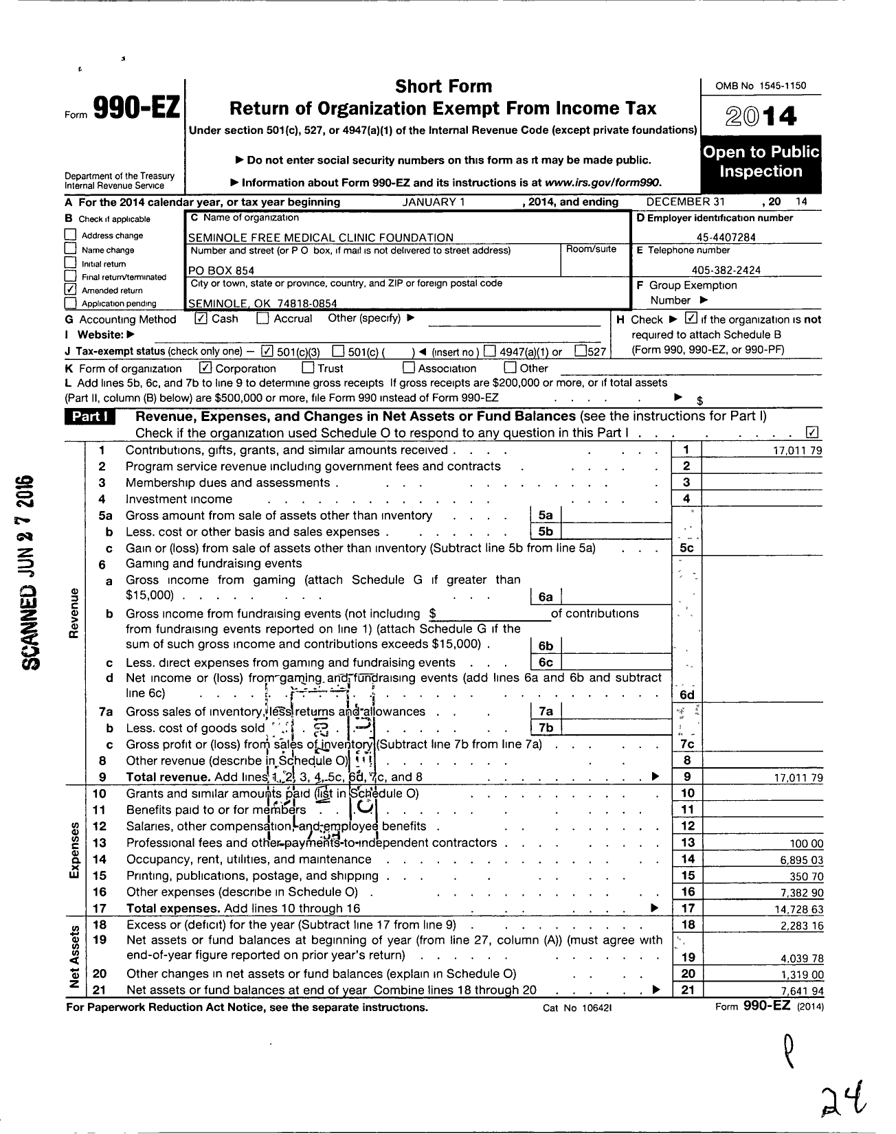 Image of first page of 2014 Form 990EZ for Seminole Free Medical Clinic Foundation