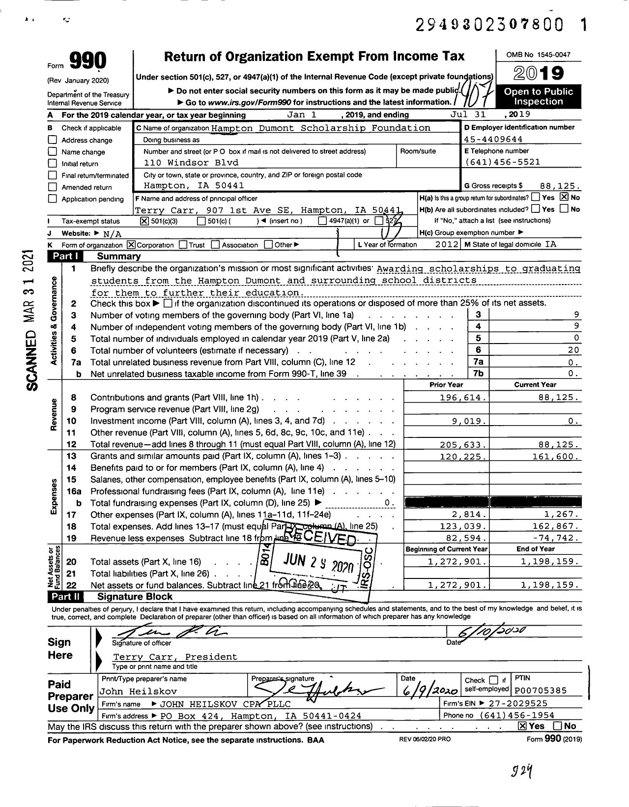 Image of first page of 2018 Form 990 for Hampton-Dumont Scholarship Fund